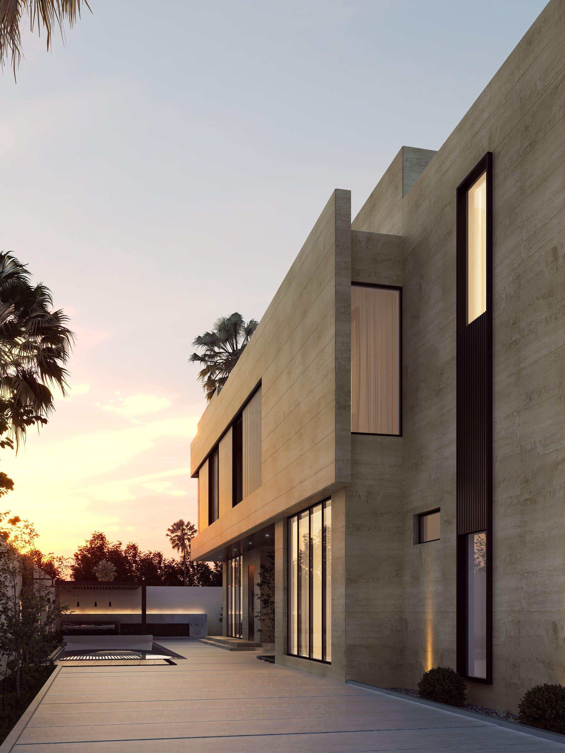 Design visualisation of the villa corner at dusk with its tall timber fin, by LKYOOB