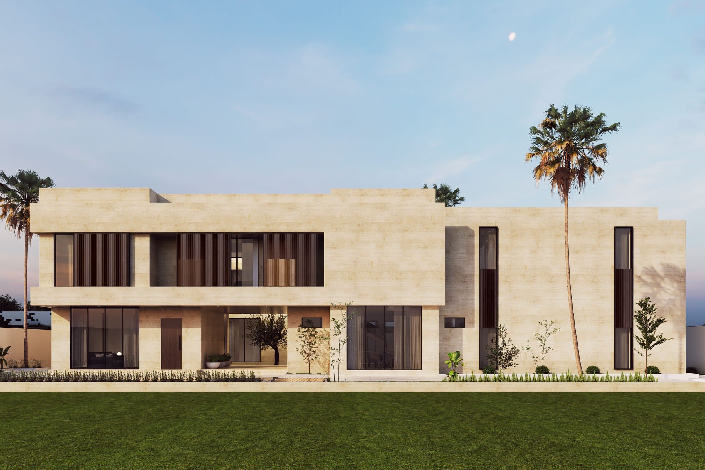 Design visualisation of the front elevation in daylight, travertine volumes with timber-fin windows over a lawn, by LKYOOB