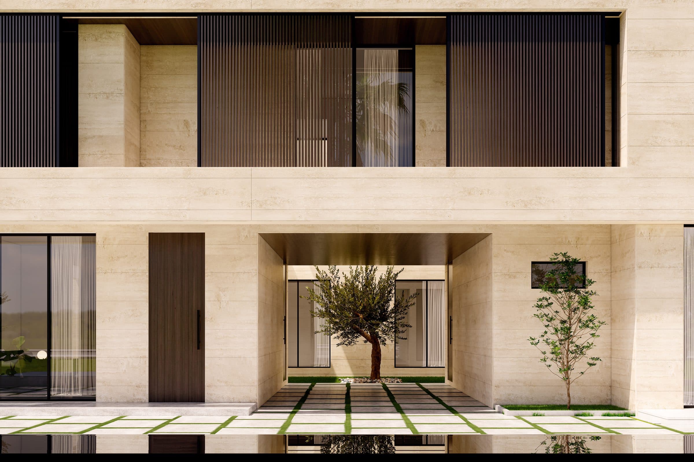 Design visualisation of the entrance court with an olive tree between glazed walls, seen from the lawn, by LKYOOB