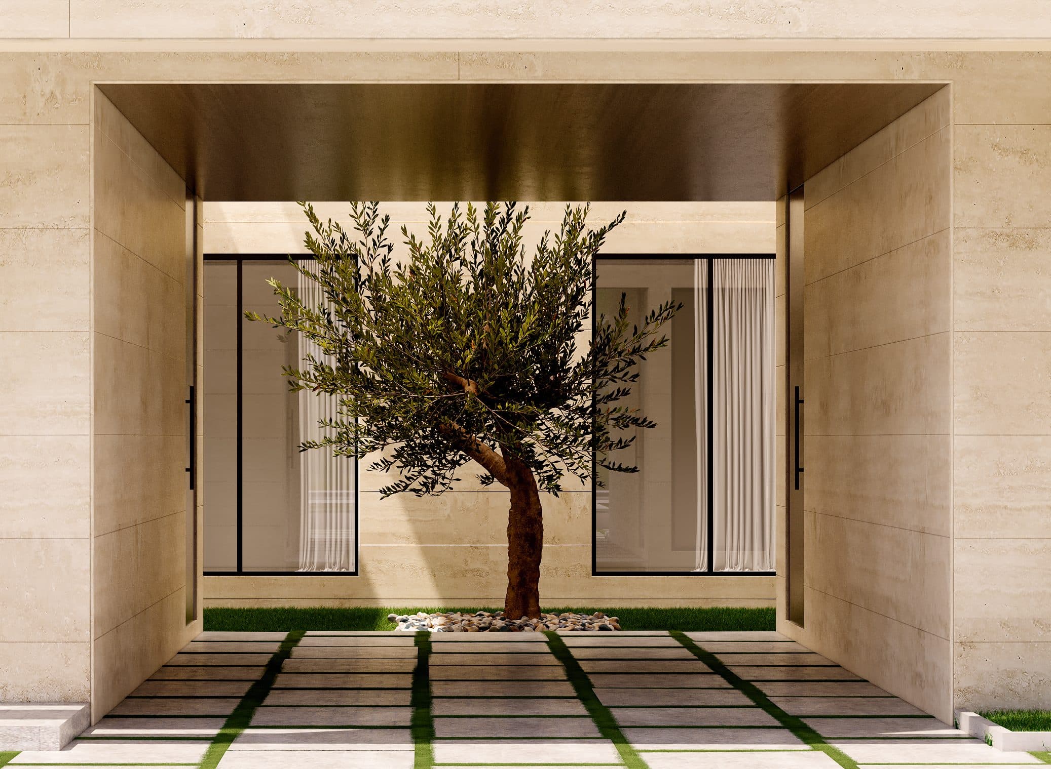 Design visualisation of the olive courtyard framed by a travertine portal, by LKYOOB