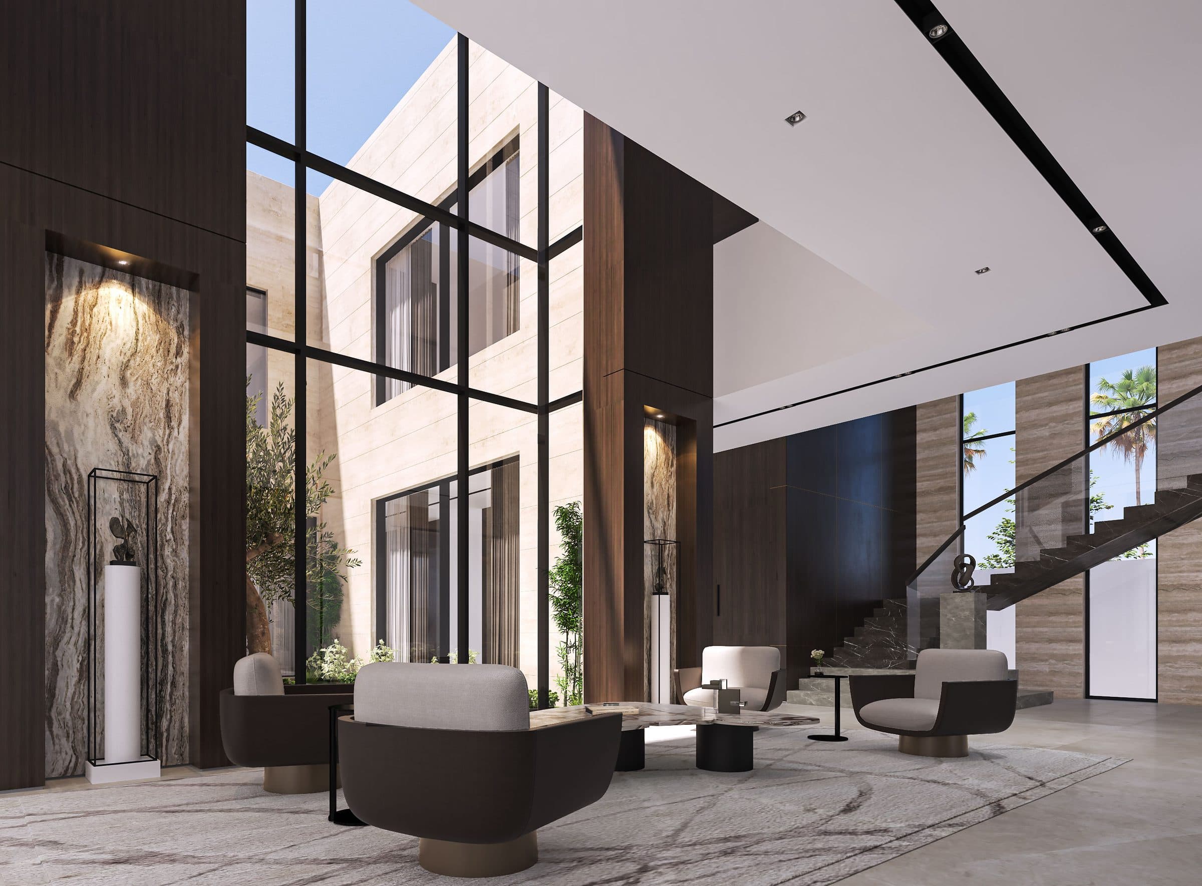 Design visualisation of the double-height atrium with black-framed glazing, marble walls and a stair, by LKYOOB