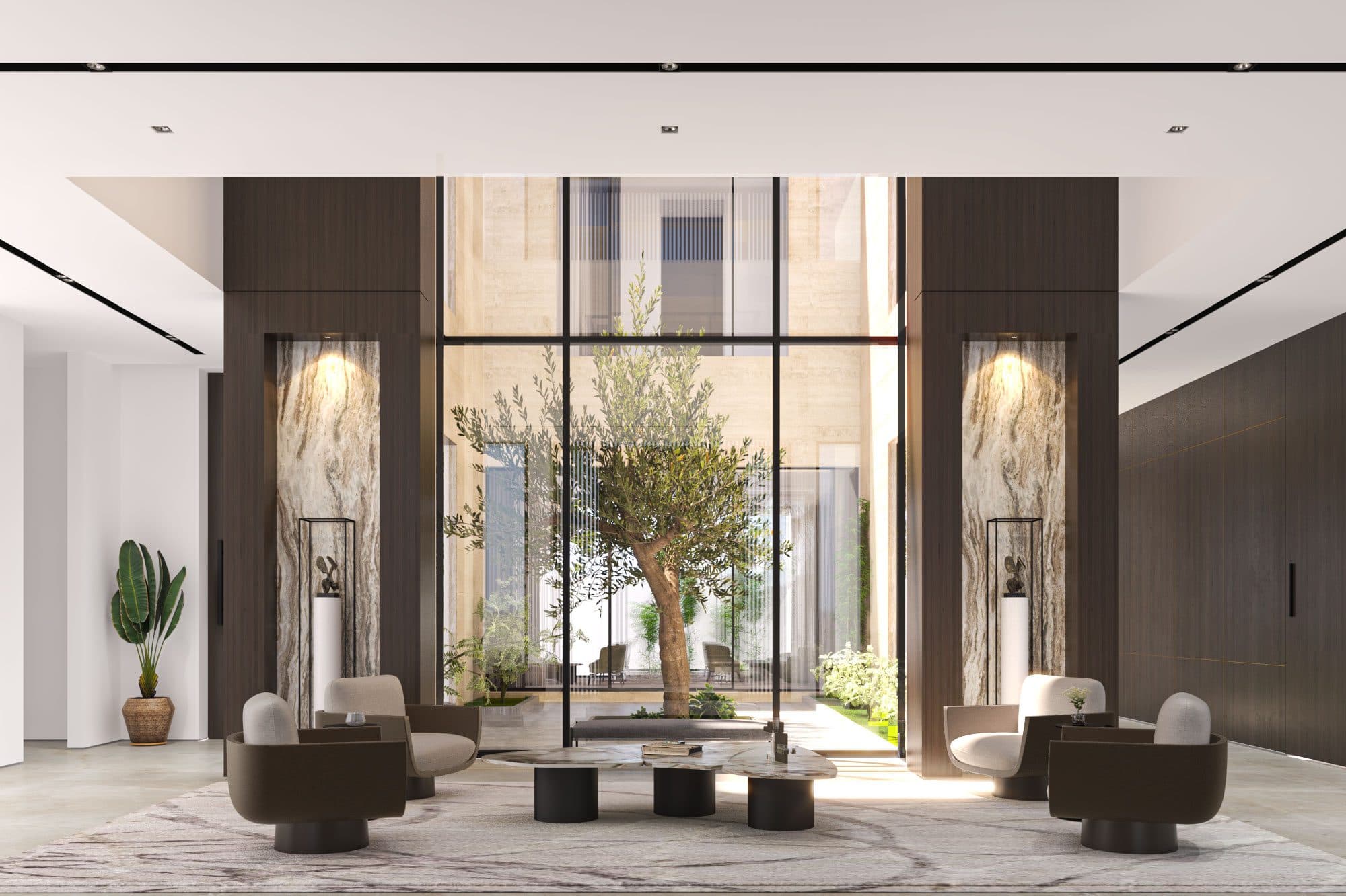 Design visualisation of the atrium seating around the courtyard tree, by LKYOOB