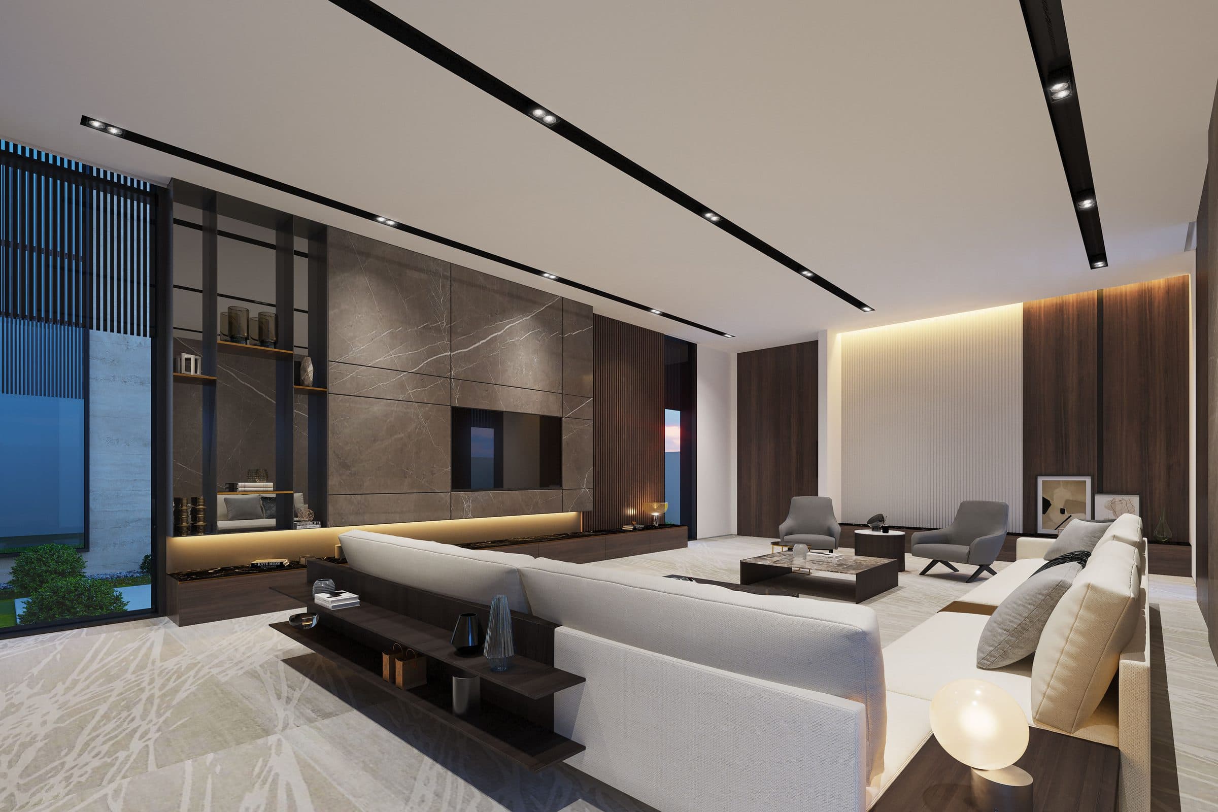 Design visualisation of the family room with a marble television wall, by LKYOOB