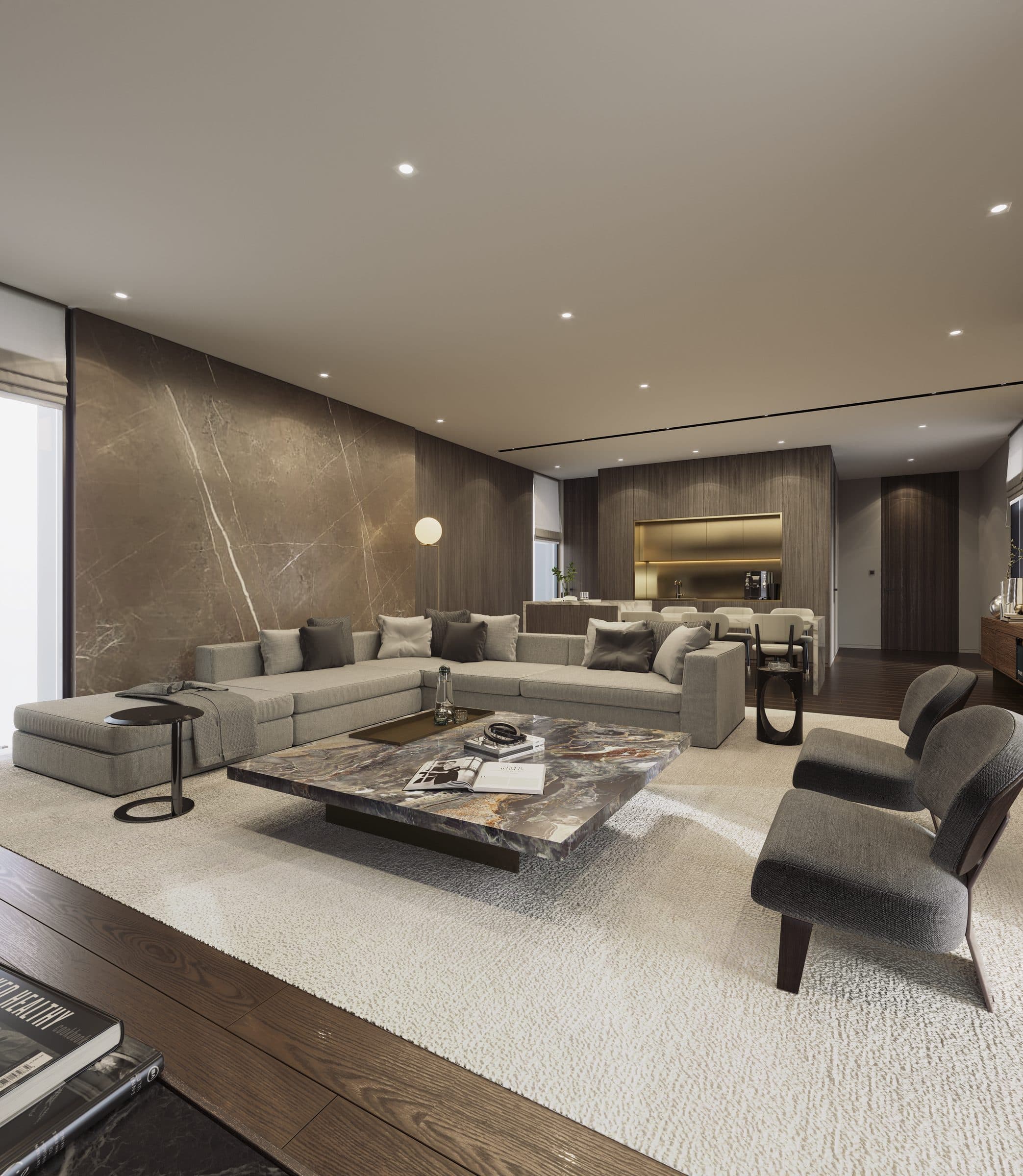 Design visualisation of the living room with a brown marble wall and a stone coffee table, by LKYOOB