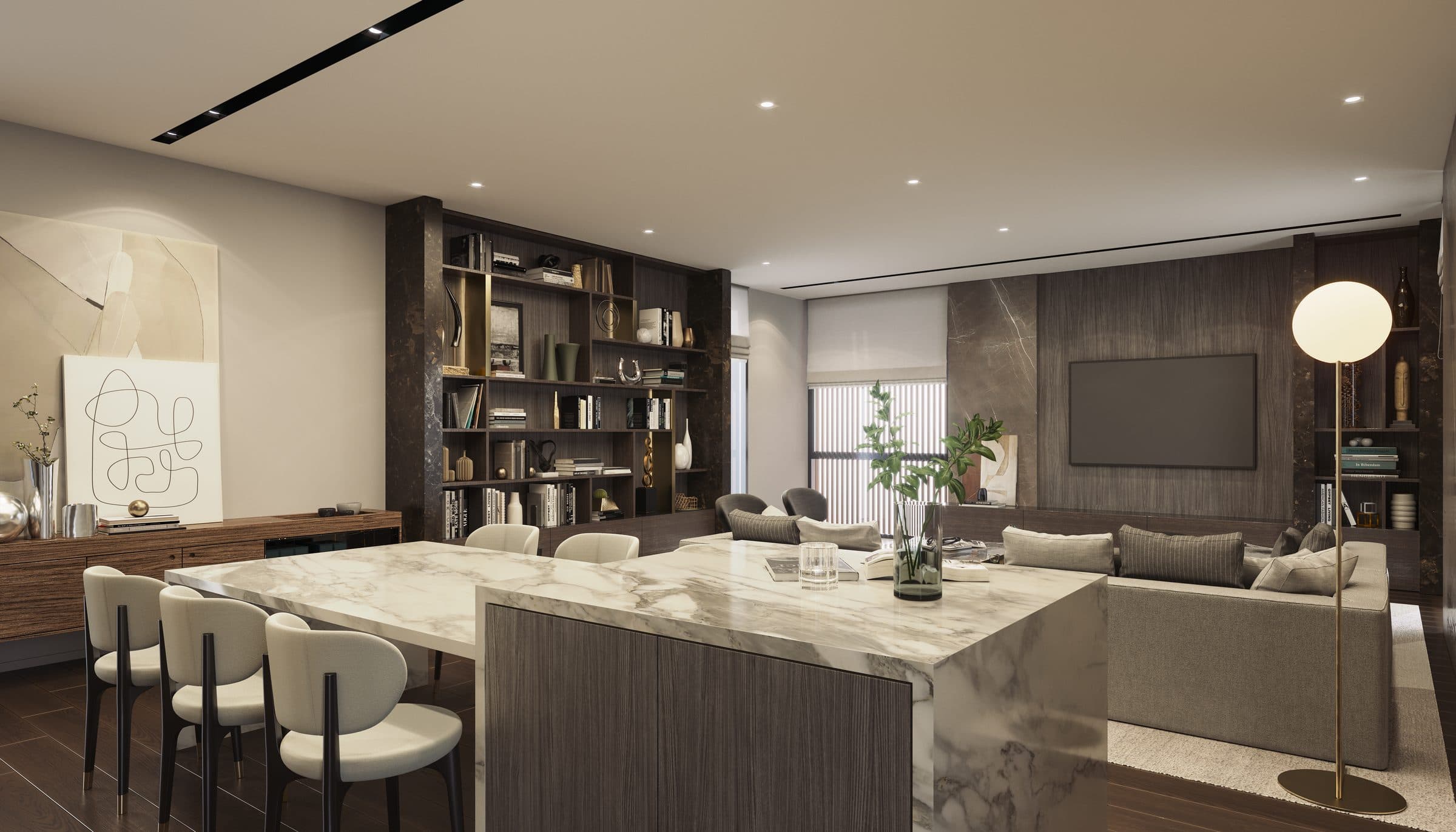Design visualisation of the dining room with a marble island and bookshelves, by LKYOOB