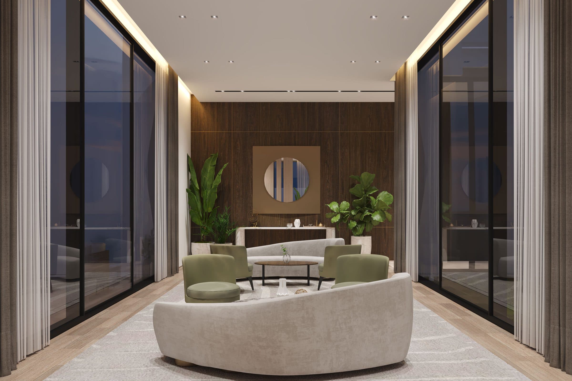 Design visualisation of the majlis with green armchairs and a curved sofa between tall windows, by LKYOOB