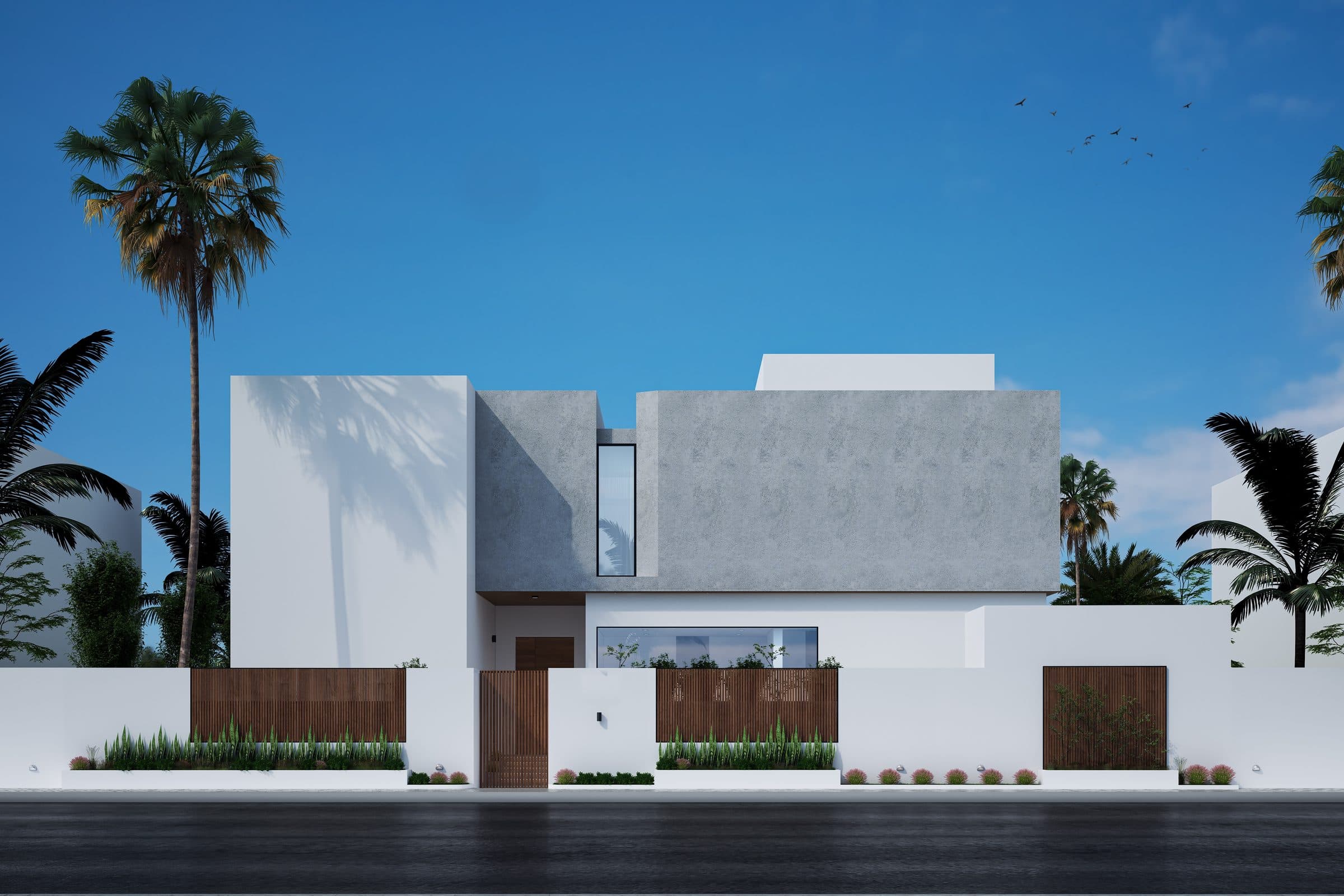 Design visualisation of The Timber Gate Villa from the street, a grey upper box over white walls and timber-slatted gates, by LKYOOB