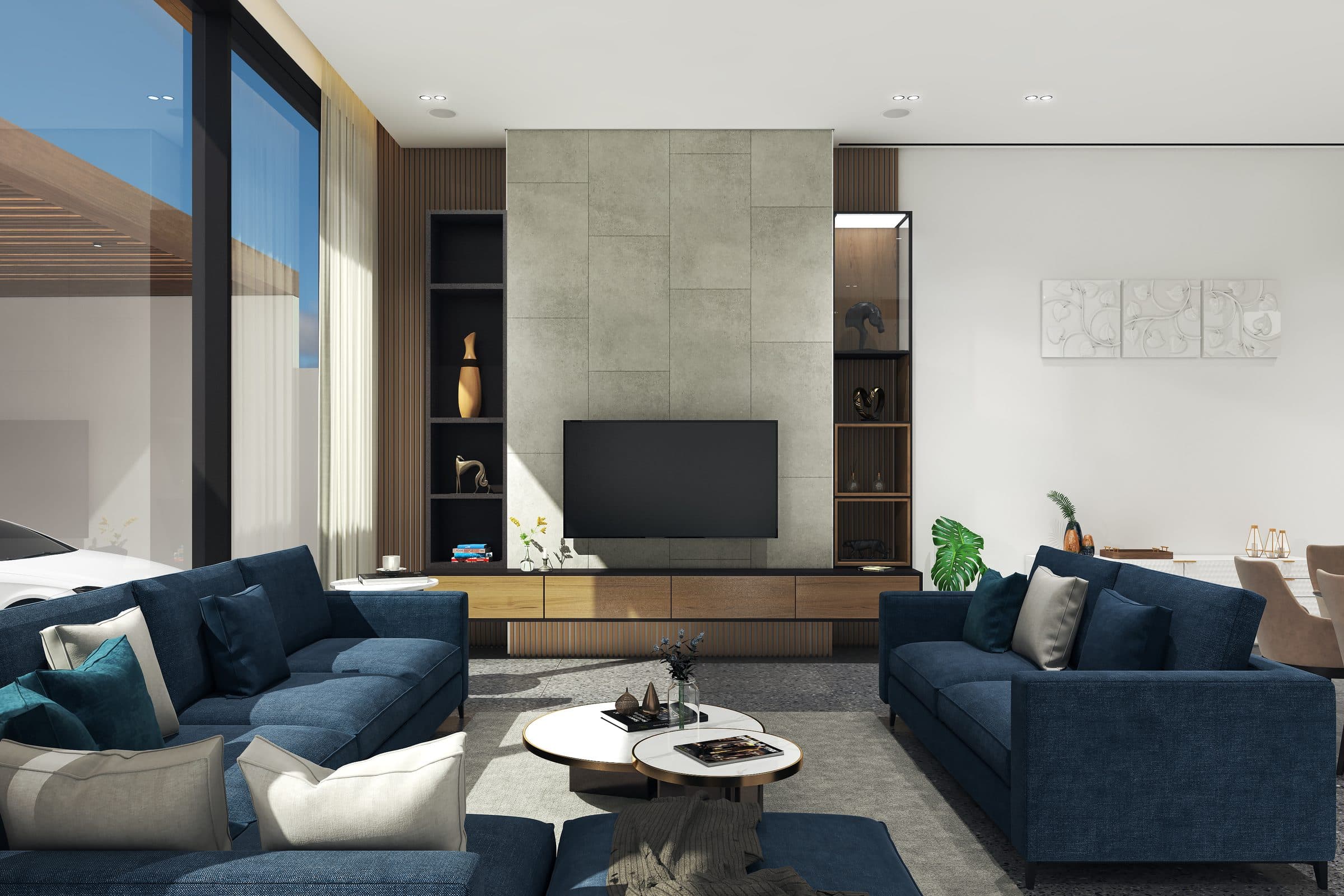 Design visualisation of the living room with blue sofas, a stone television wall and timber shelving, by LKYOOB