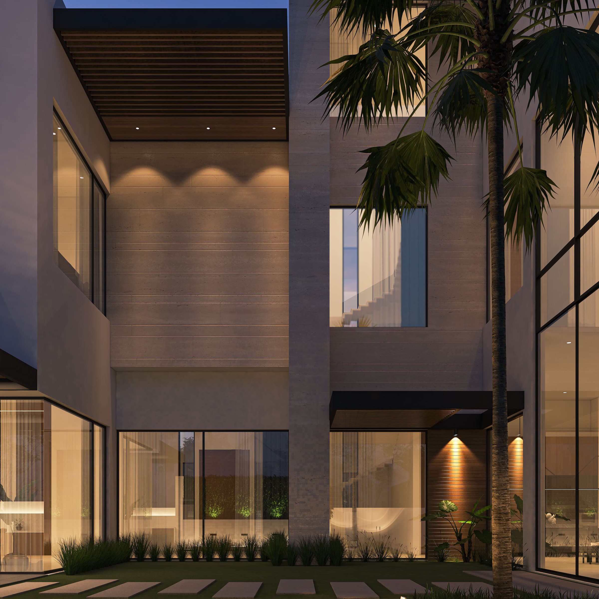 Design visualisation of The Timber Screen Villa at dusk, travertine walls and timber screens around a pool court, by LKYOOB