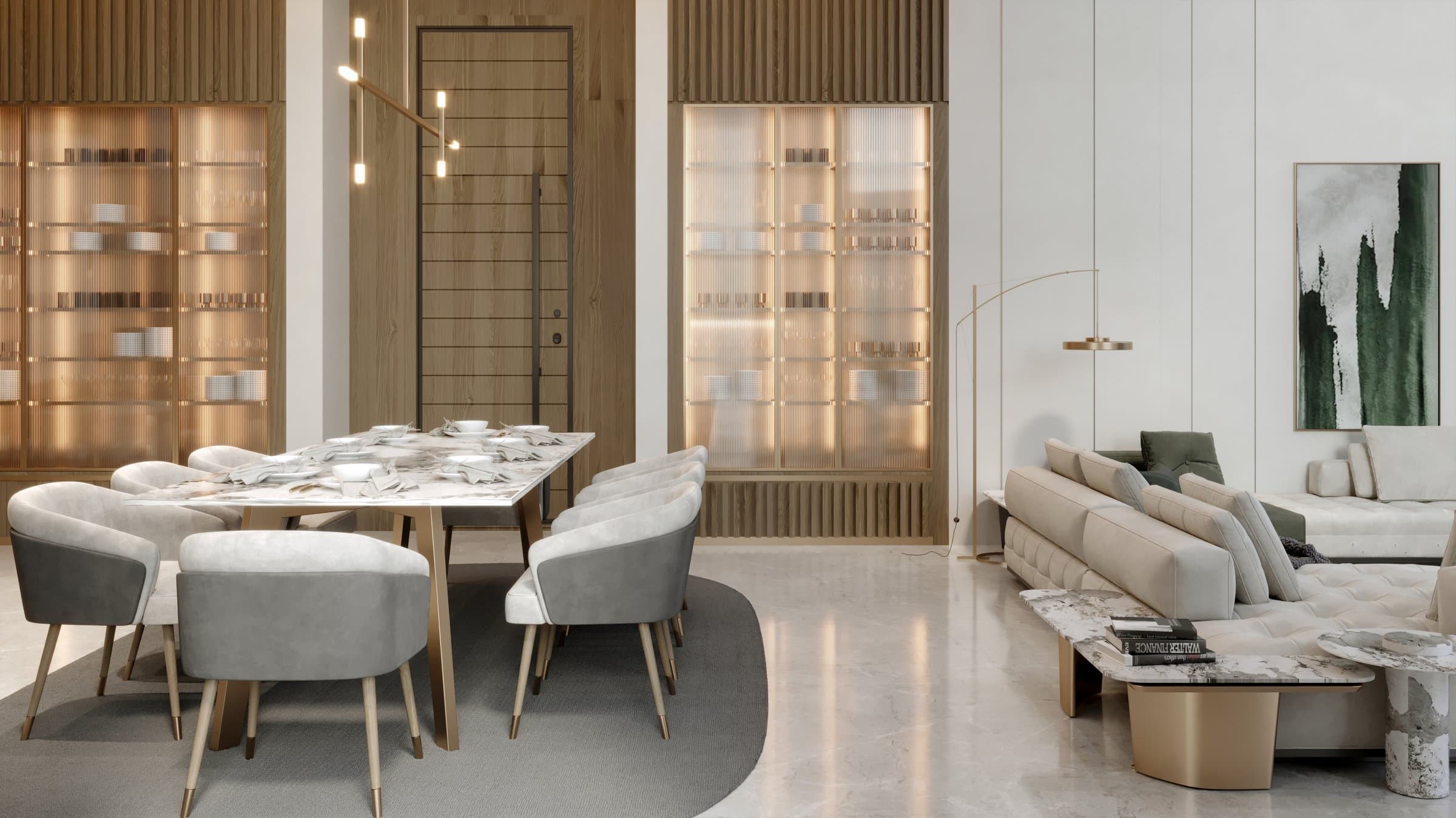 Design visualisation of the family living and dining room with backlit display joinery, by LKYOOB