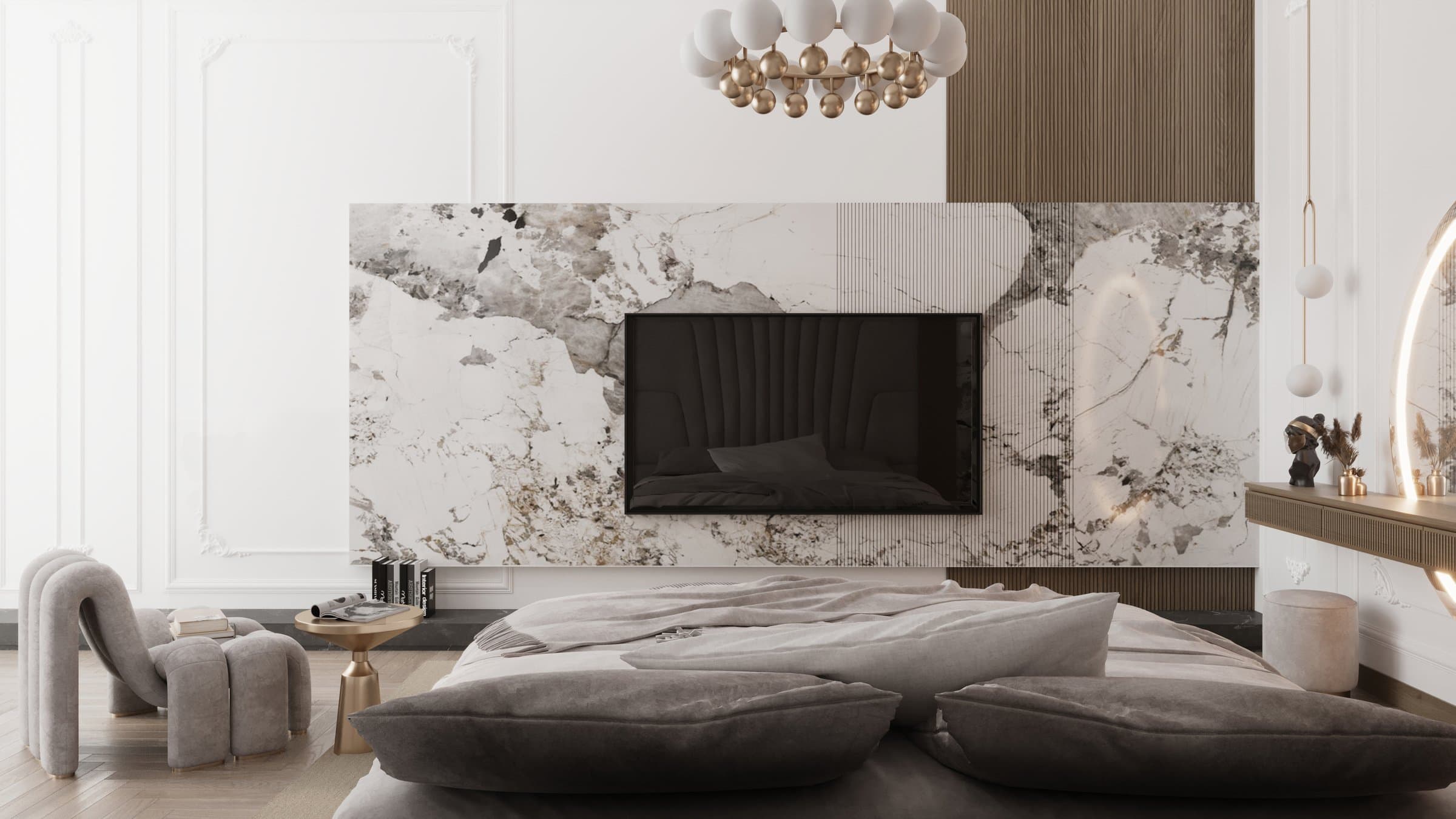 Design visualisation of the master bedroom with a bookmatched marble wall and a low upholstered bed, by LKYOOB