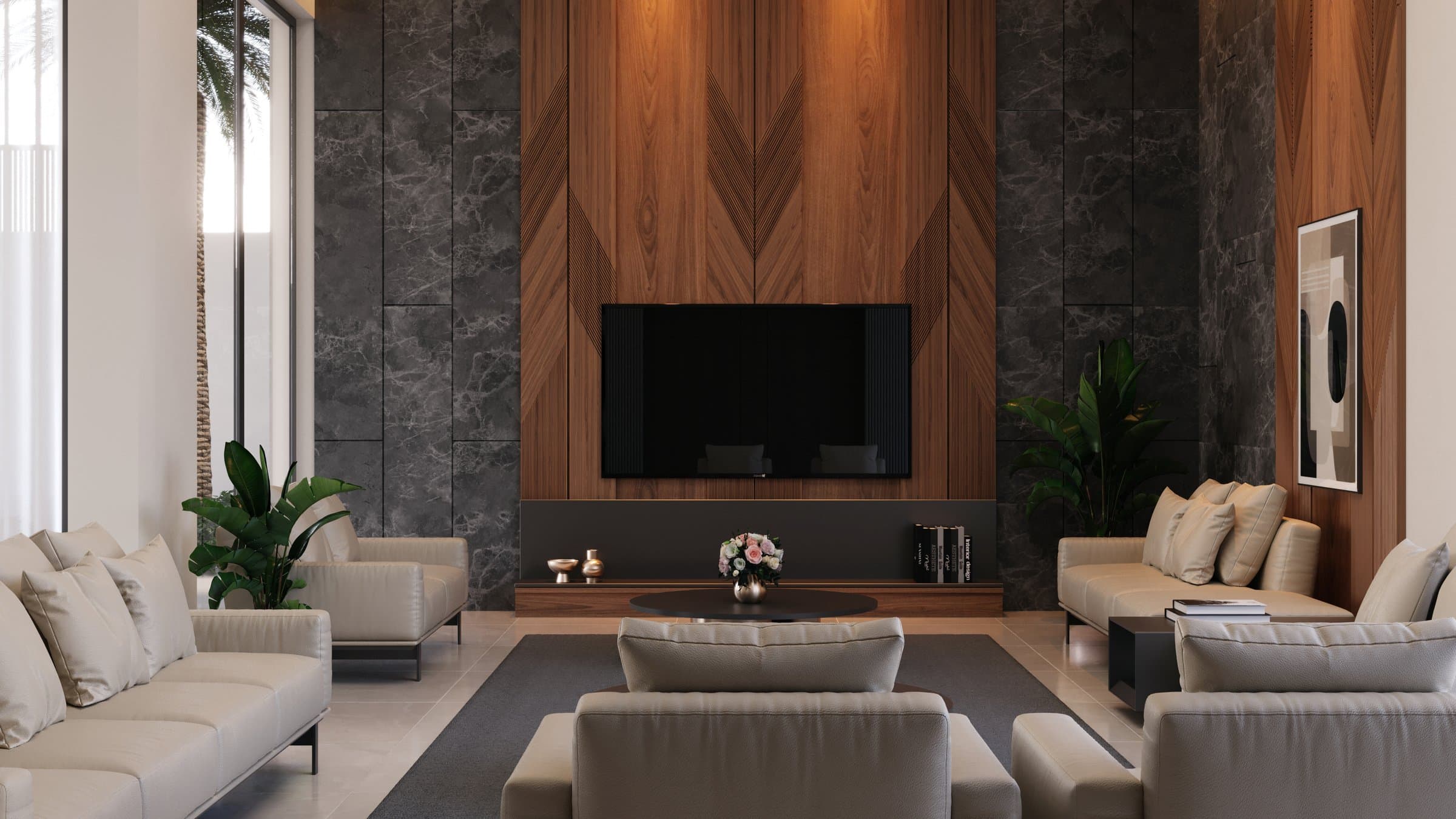 Design visualisation of the formal living room with a walnut feature wall and stone cladding, by LKYOOB