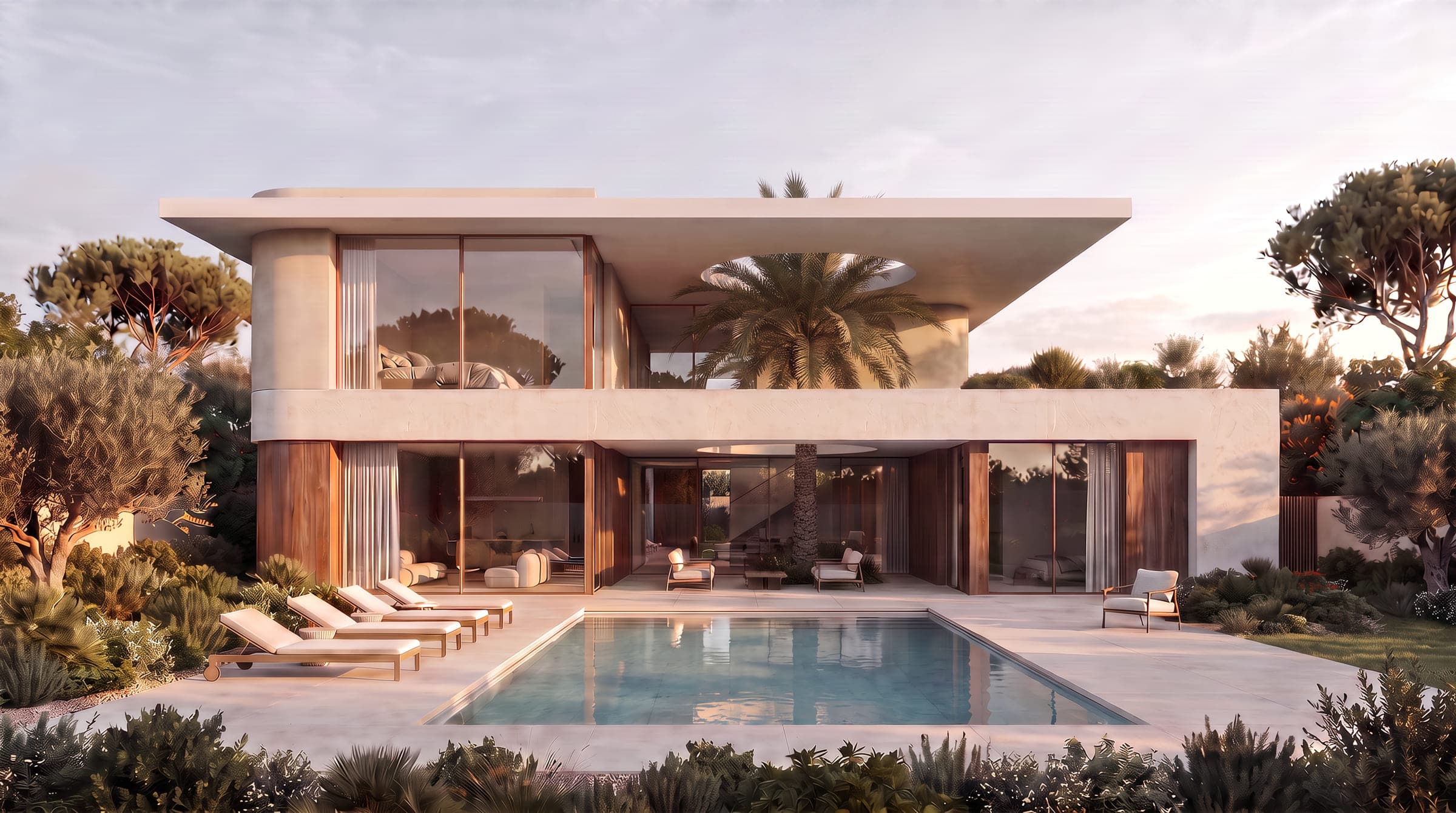 Design visualisation of Villa Alnakhla, a palm rising through an oval opening cut in the roof slab above the pool, by LKYOOB