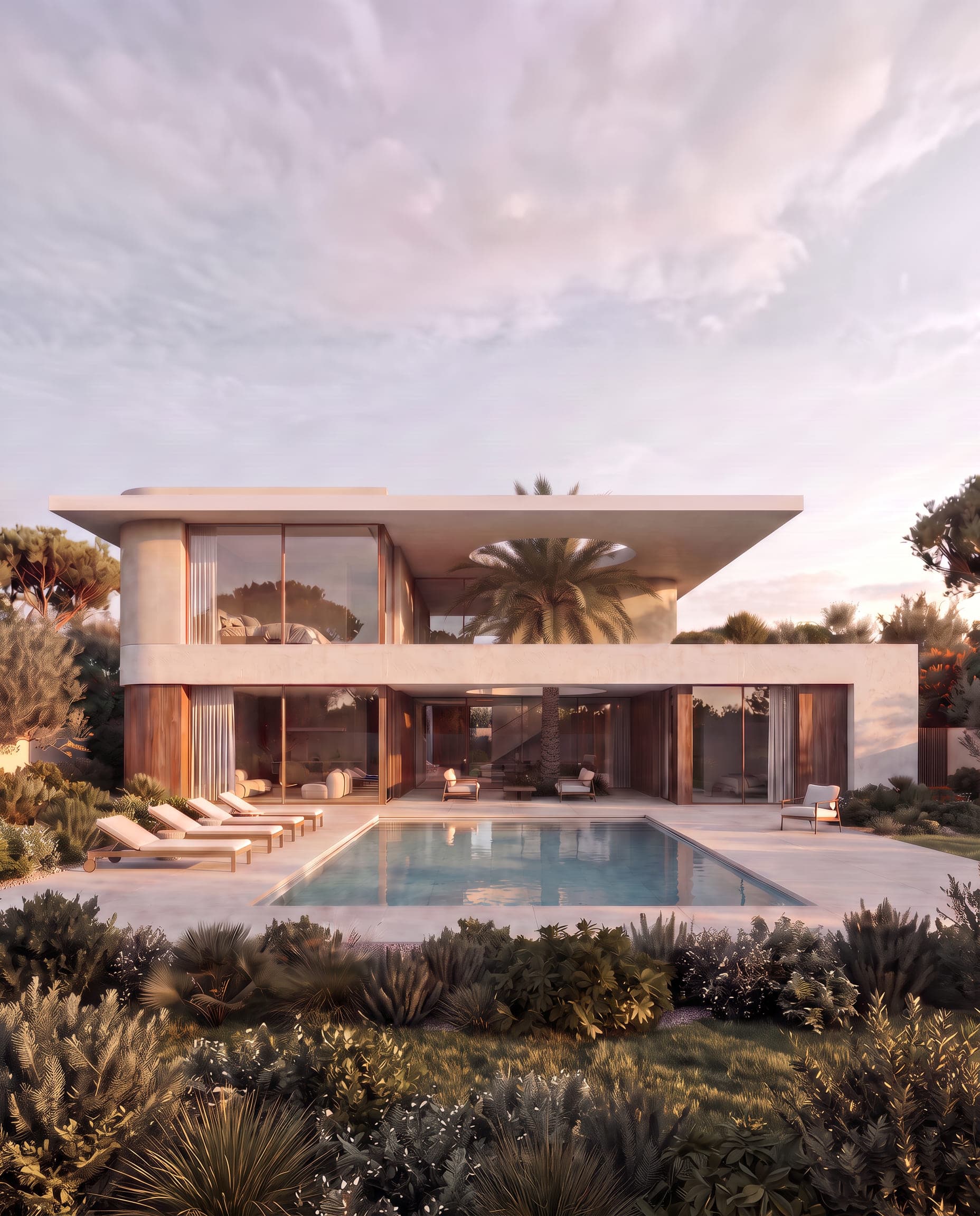 Design visualisation of the pool elevation with the palm rising through the roof opening, by LKYOOB