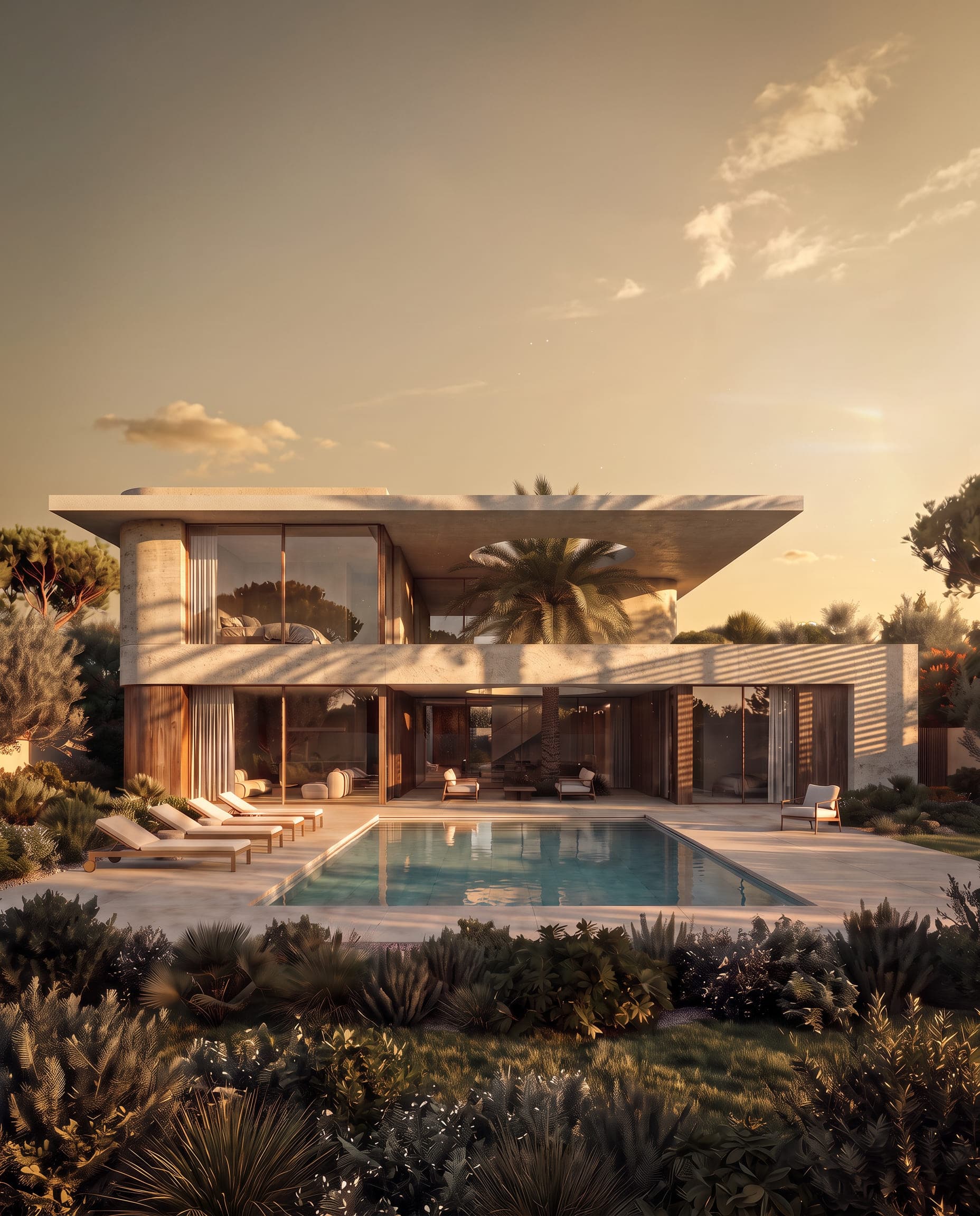 Design visualisation of the terrace and pool at dusk, by LKYOOB