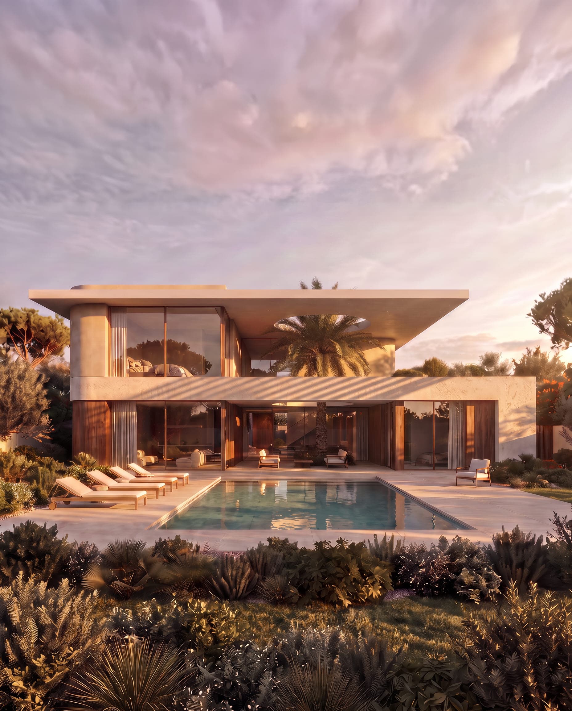 Design visualisation of the pool elevation at golden hour, by LKYOOB