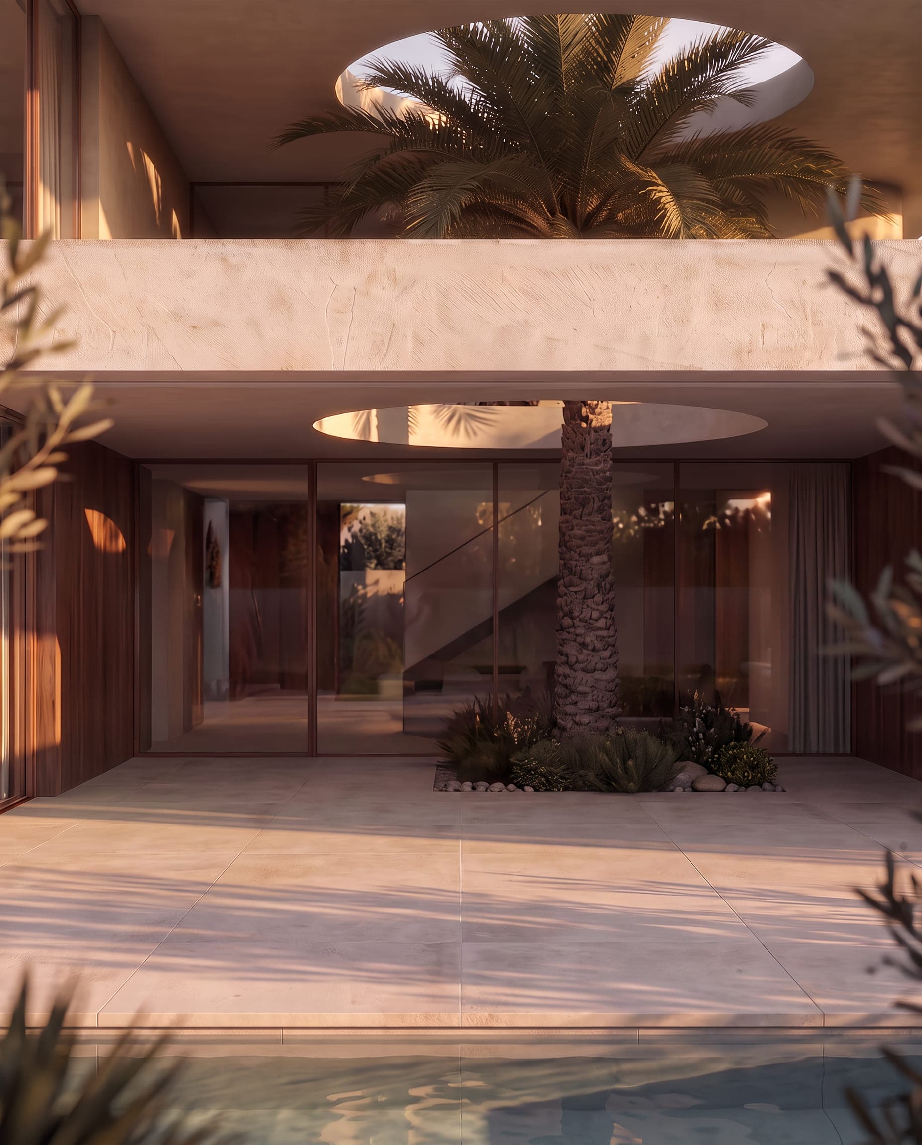 Design visualisation of the terrace under the roof opening, cleared of furniture, by LKYOOB