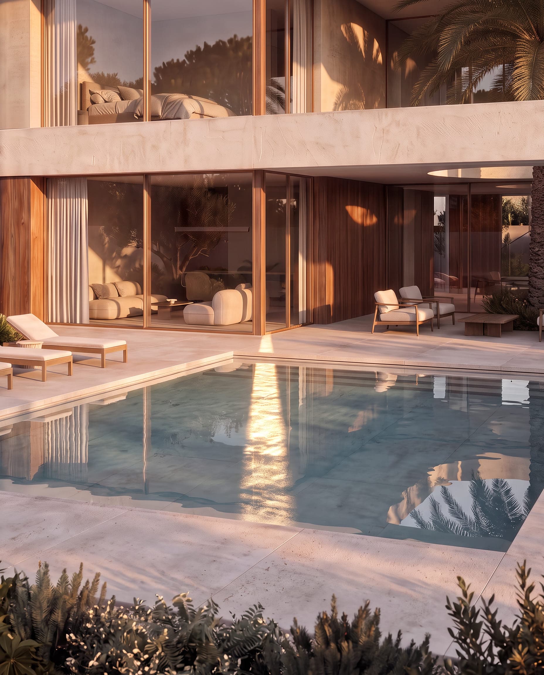 Design visualisation of the glazed living rooms seen across the pool at dusk, by LKYOOB