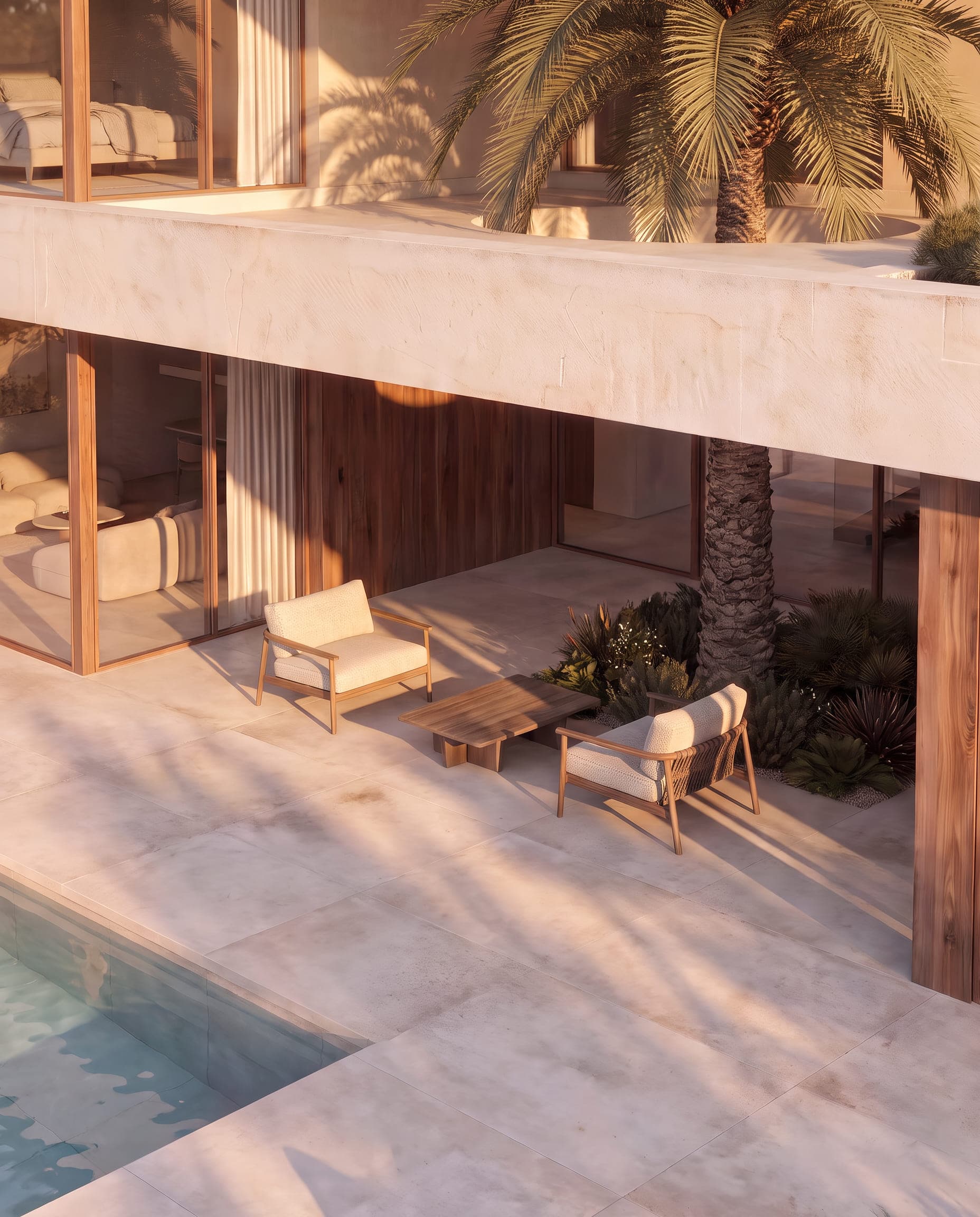 Design visualisation of the terrace seating below the curved plaster soffit, by LKYOOB