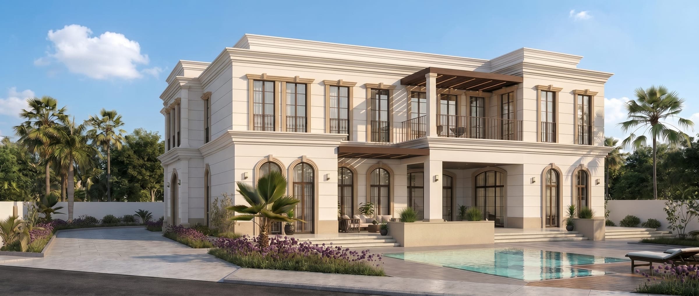 Villa Eternelle from the garden at sunset, a symmetrical classical villa in pale stone with arched openings, a dark timber pergola over the first-floor terrace and a pool below, a LKYOOB design visualisation