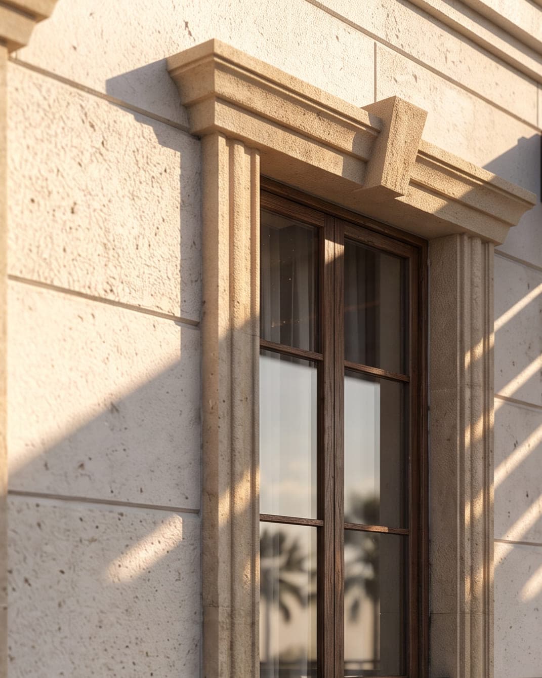 Design visualisation of a window at Villa Eternelle, dark timber frames in a carved stone surround, by LKYOOB