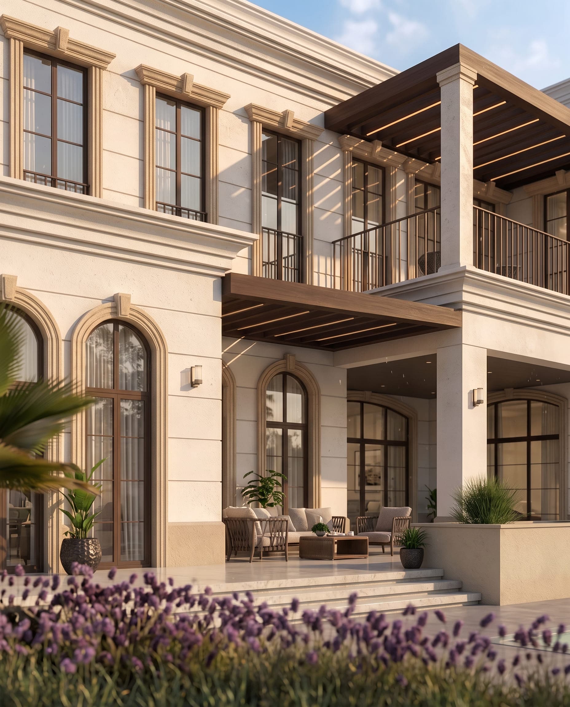 Design visualisation of the pool terrace at Villa Eternelle, arched glazed doors and outdoor seating under the timber pergola, by LKYOOB