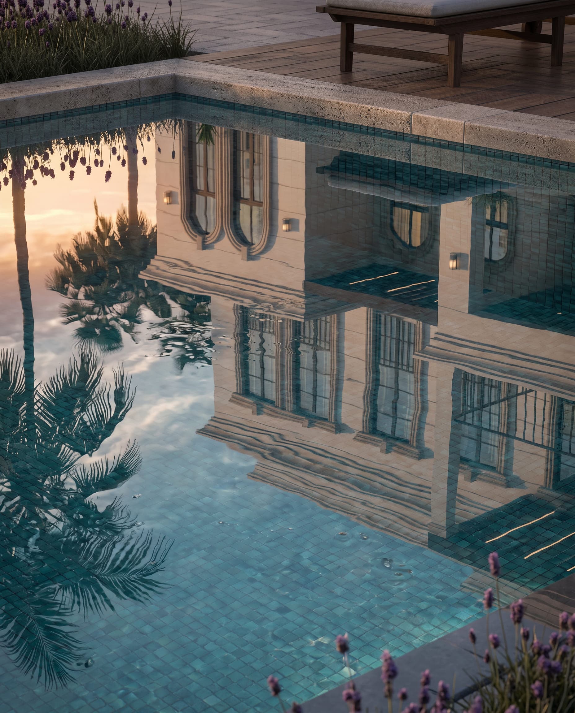 Design visualisation of Villa Eternelle reflected in the pool, the arched windows and the pergola seen from the water, by LKYOOB