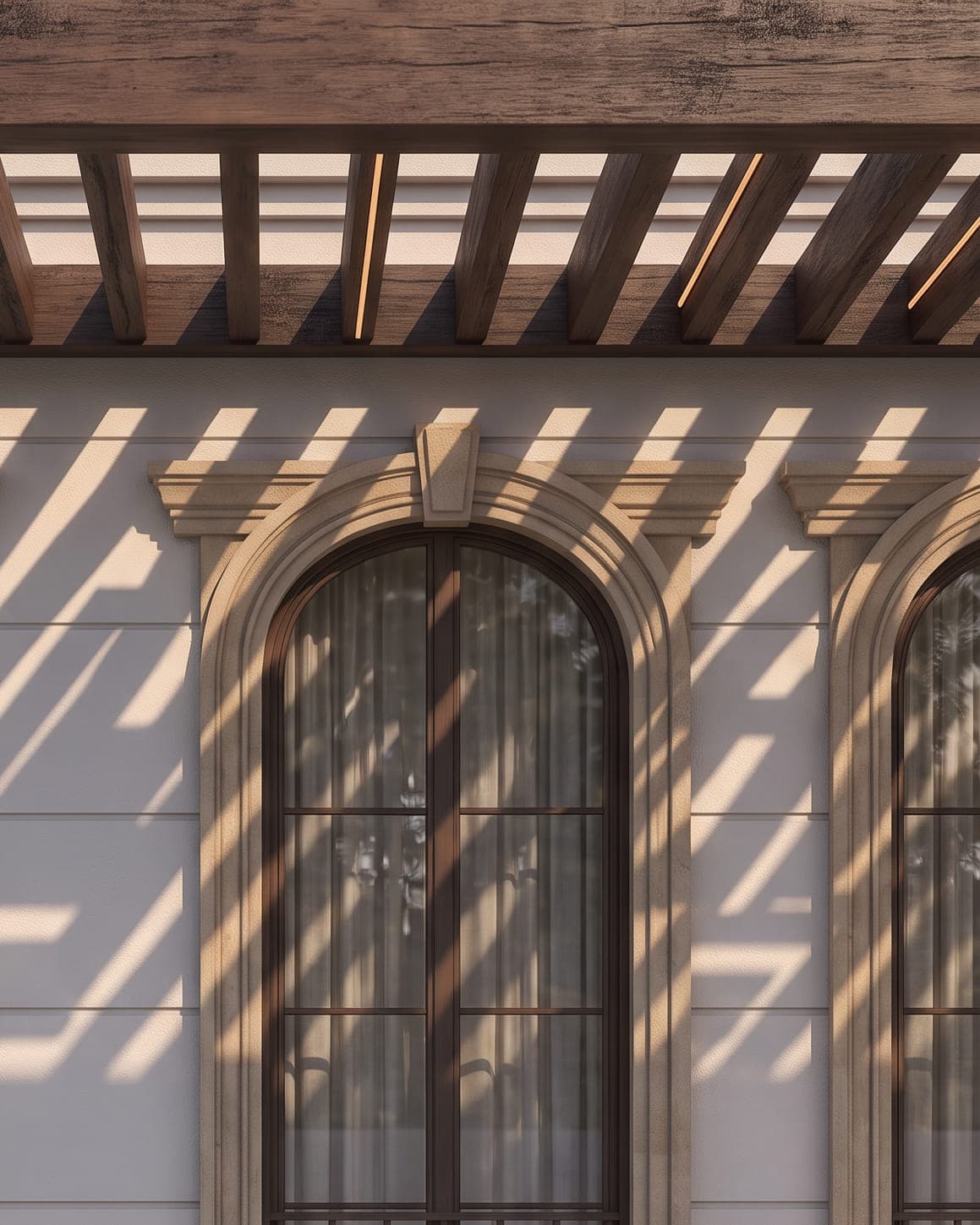 Design visualisation of the pergola's shadow crossing an arched window at Villa Eternelle, by LKYOOB