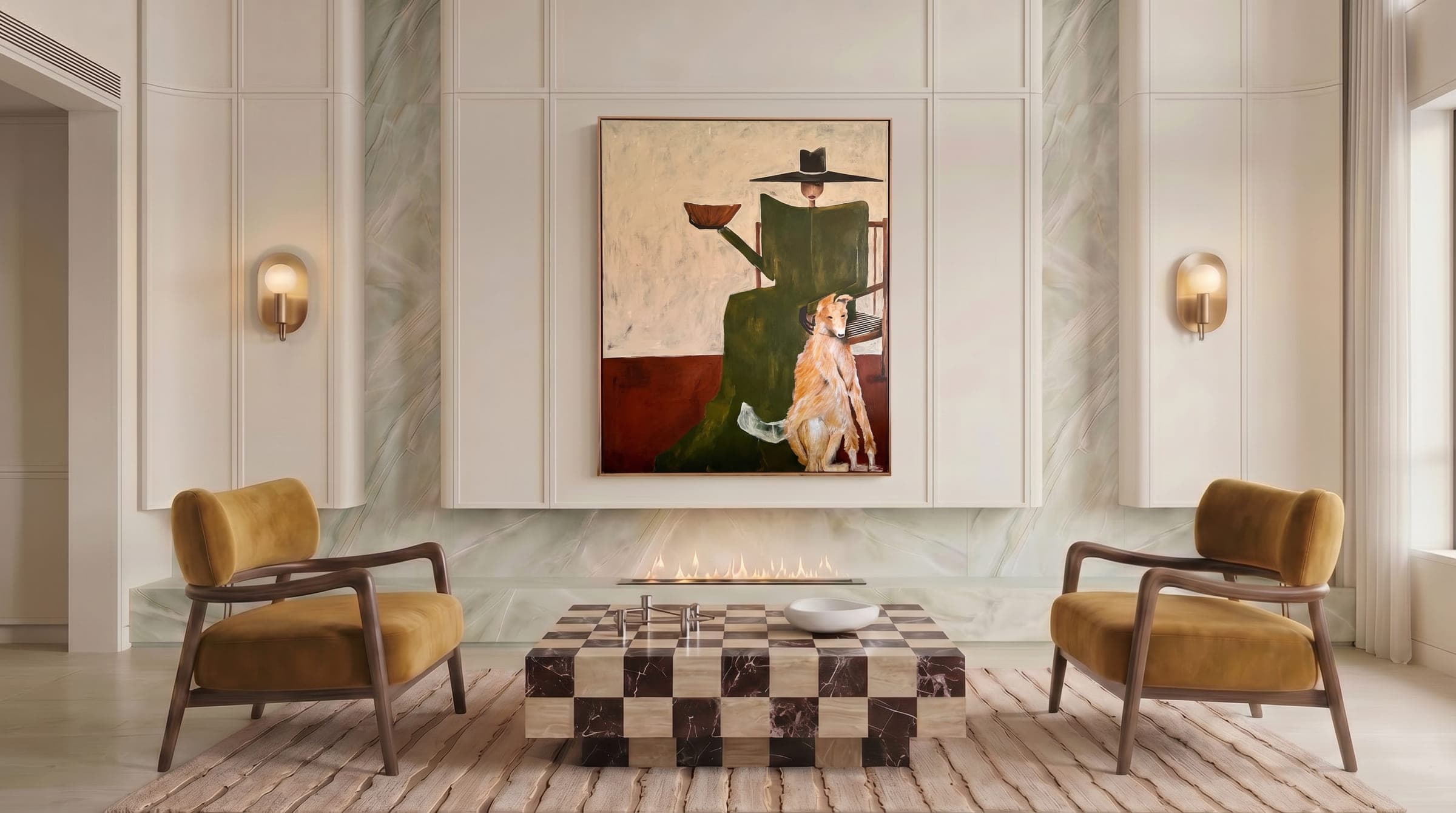 Design visualisation of the majlis at Villa Eternelle, mustard armchairs around a chequered marble table before a large painting, by LKYOOB