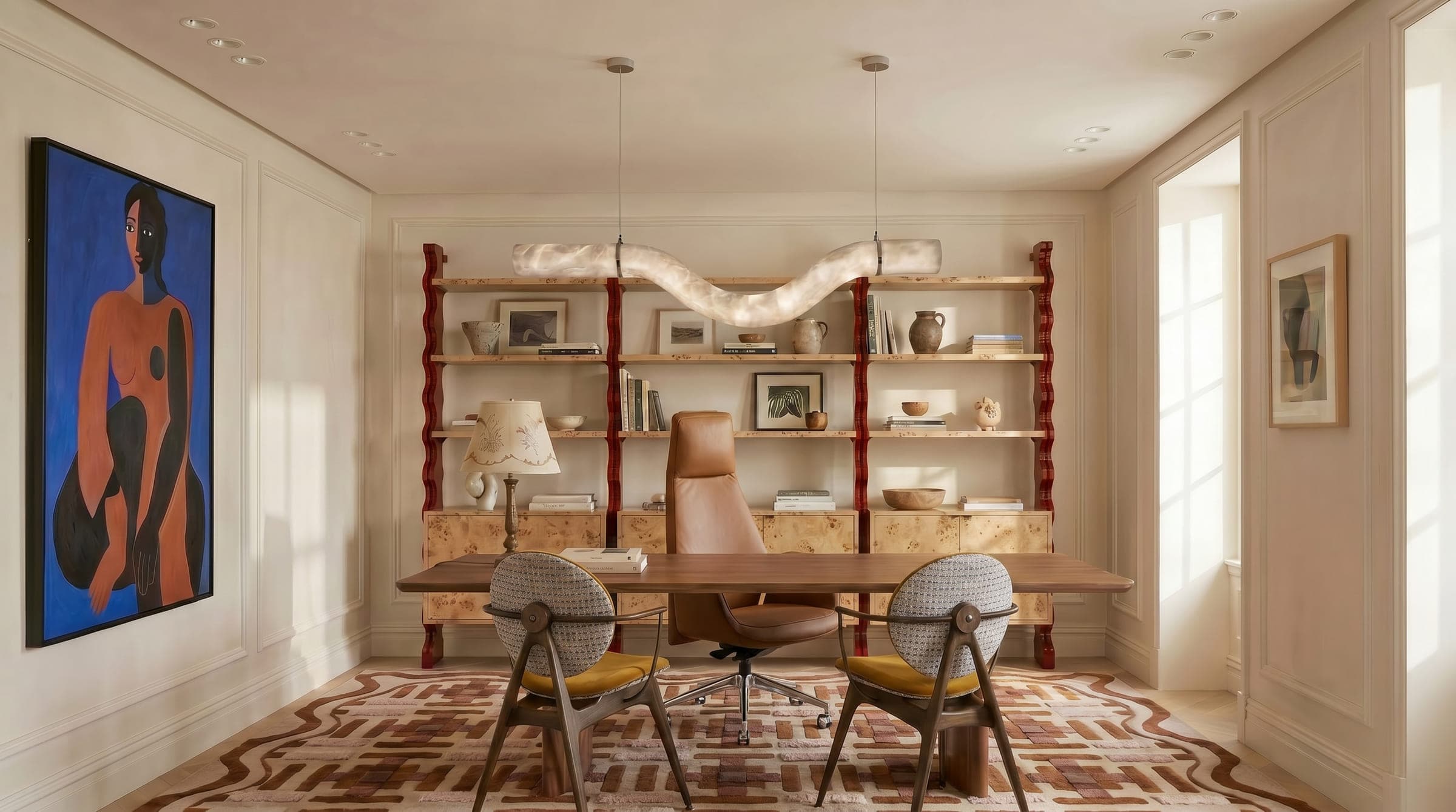 Design visualisation of the study at Villa Eternelle, a burl desk under a sculptural pendant and open shelving on red turned posts, by LKYOOB