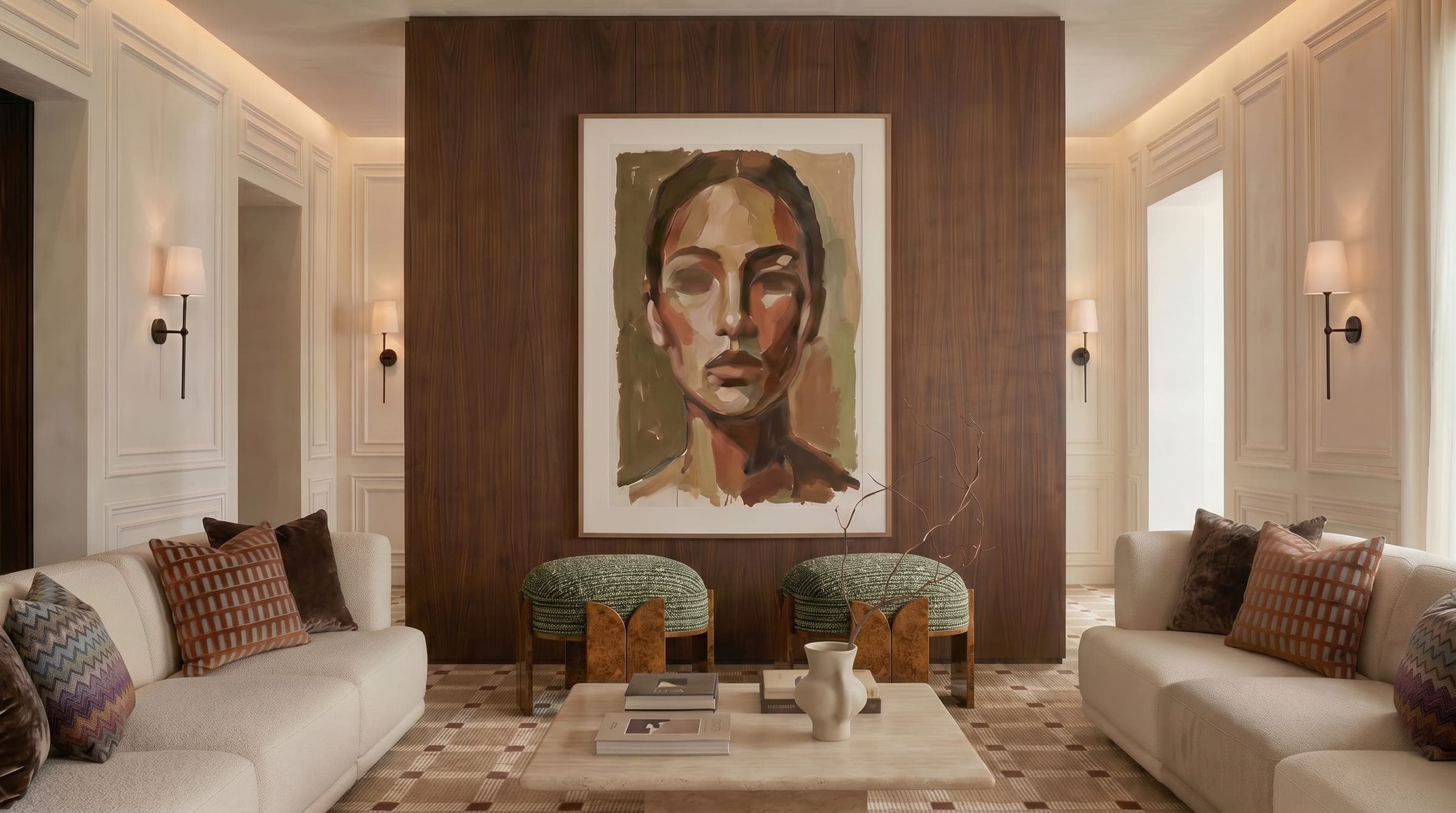 Design visualisation of the lounge at Villa Eternelle, a portrait on a walnut wall above green stools and a cream sofa, by LKYOOB