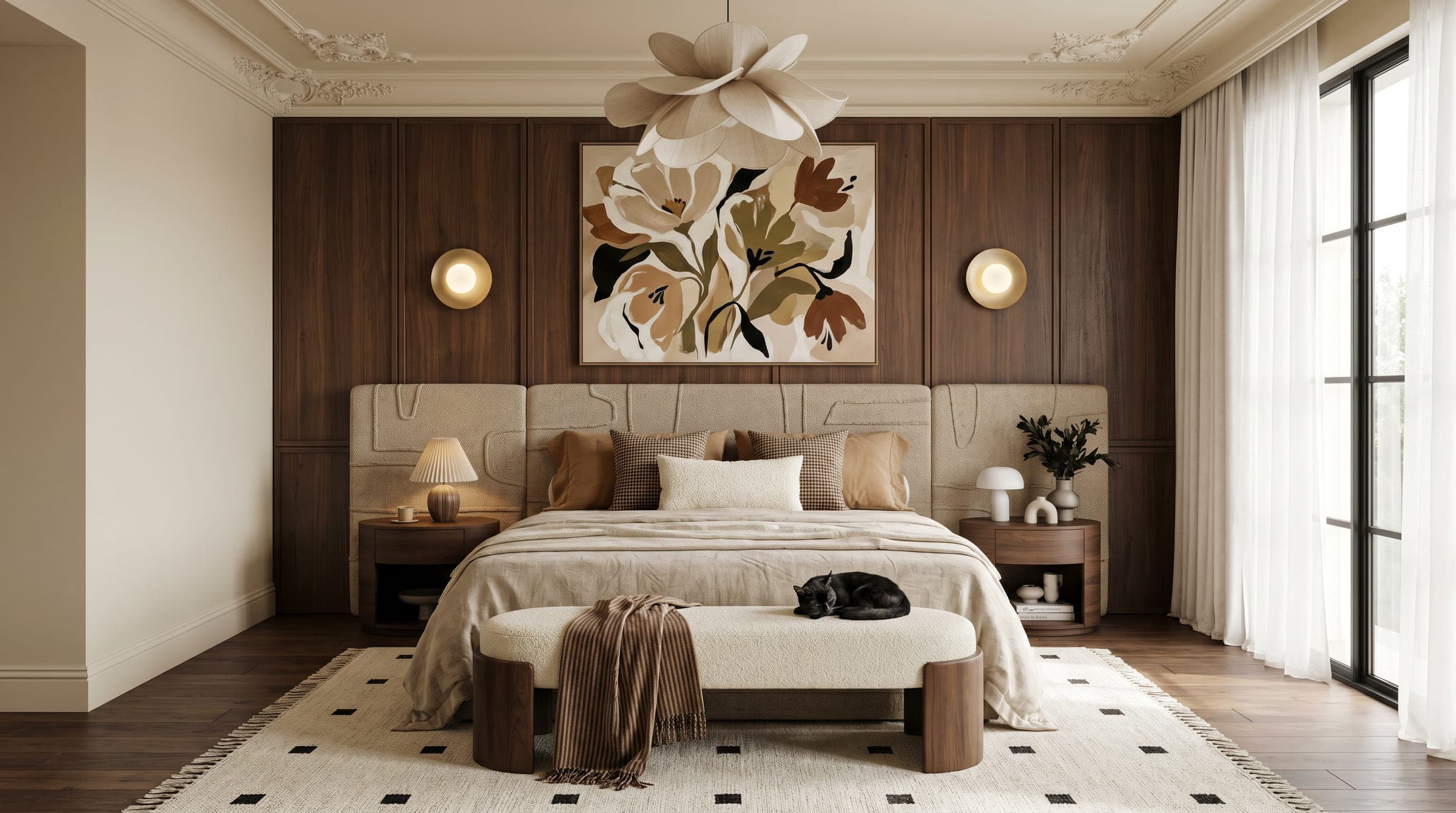 Design visualisation of the master bedroom at Villa Eternelle, a walnut wall with a floral panel behind a low bed, by LKYOOB