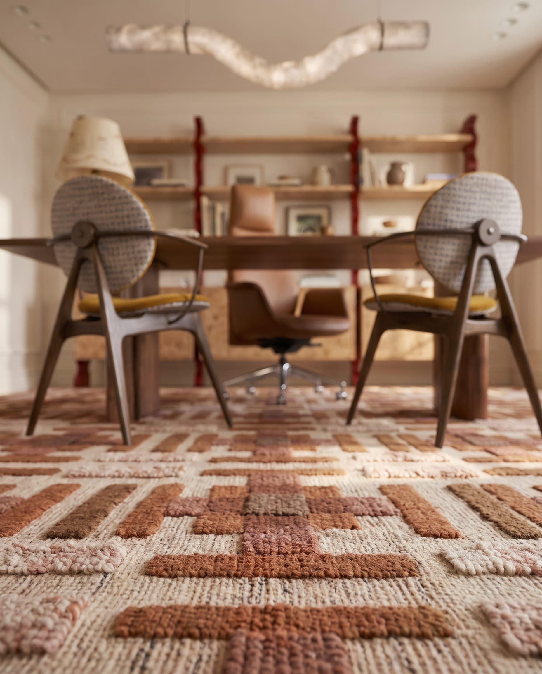 Design visualisation of the chairs and patterned carpet in the study at Villa Eternelle, by LKYOOB