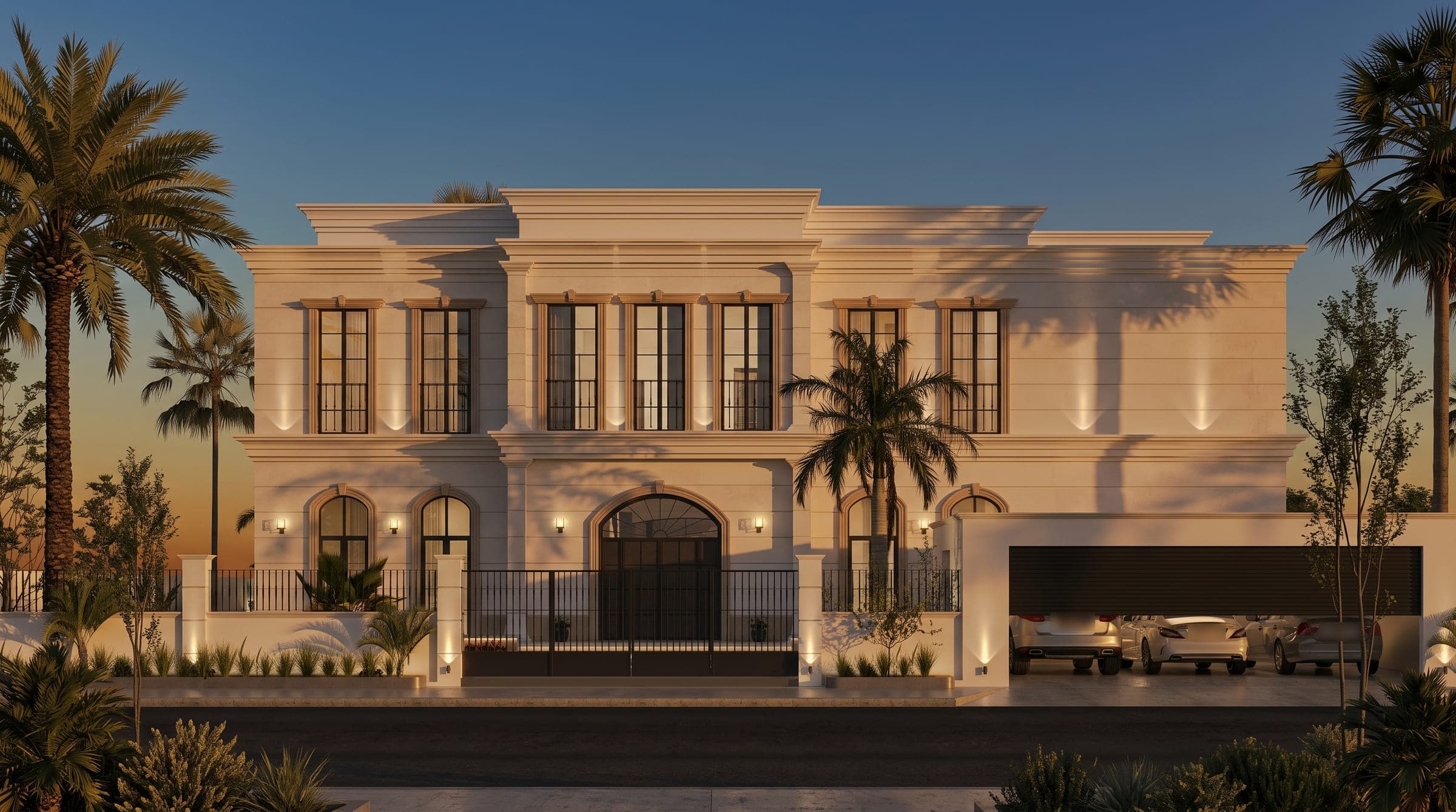 Villa Eternelle from the street at dusk, a symmetrical classical villa in pale stone behind an arched gate and railings, a LKYOOB design visualisation