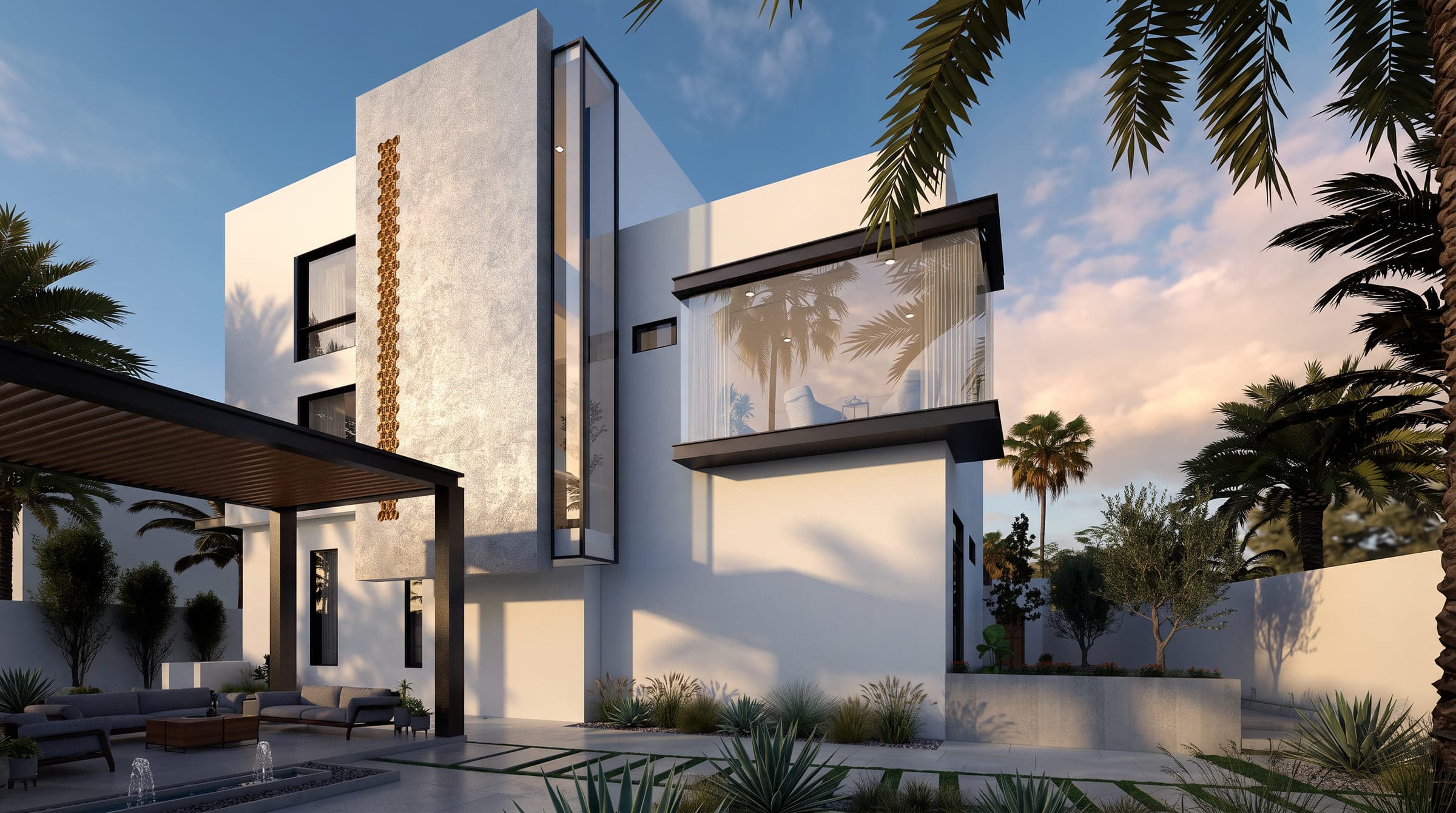 Villa Motion from the garden, a white villa with a perforated stone panel and a shaded terrace, a LKYOOB design visualisation