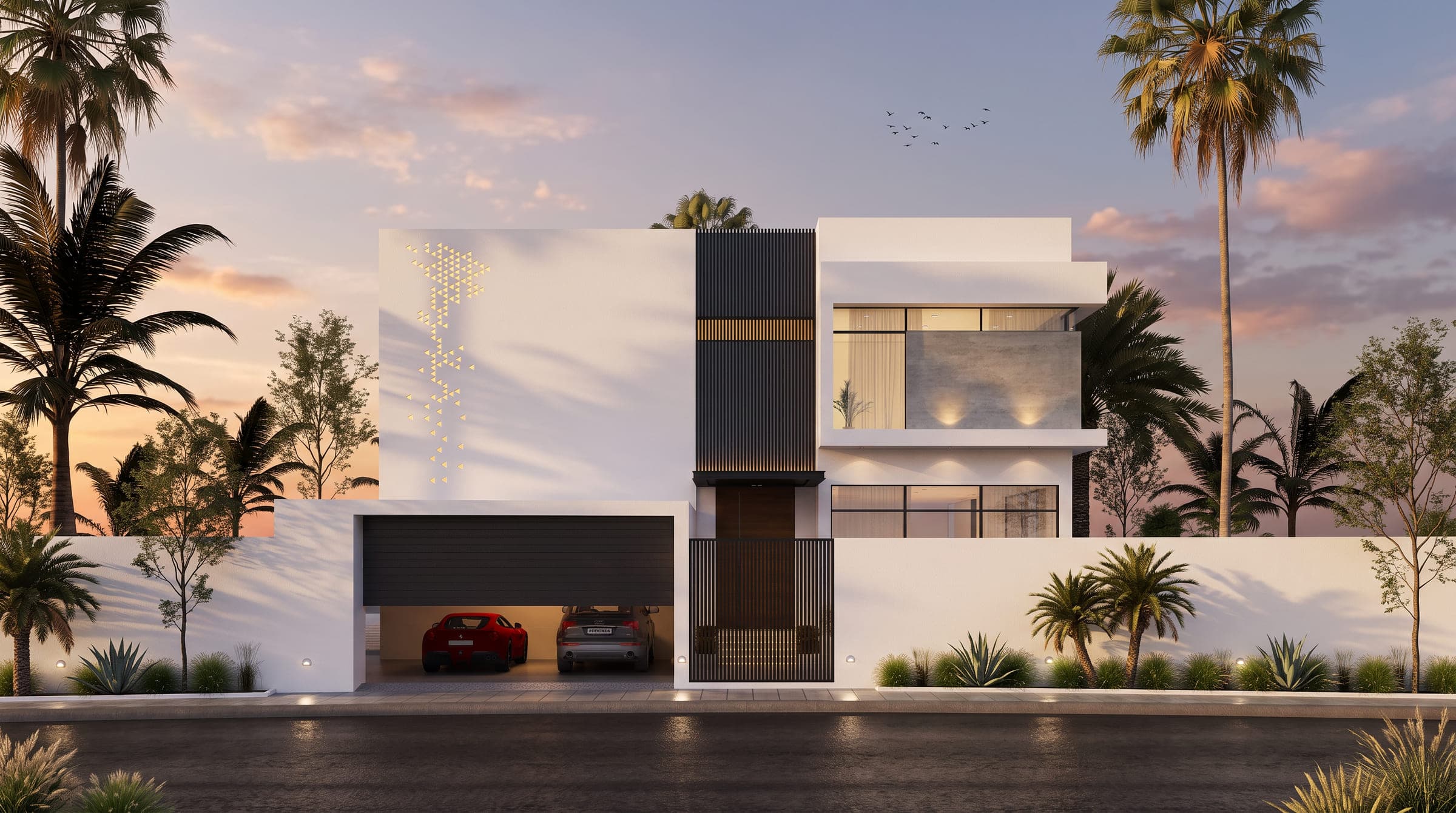 Villa Motion from the street at dusk, a white villa with dark vertical fins above an open garage, a LKYOOB design visualisation