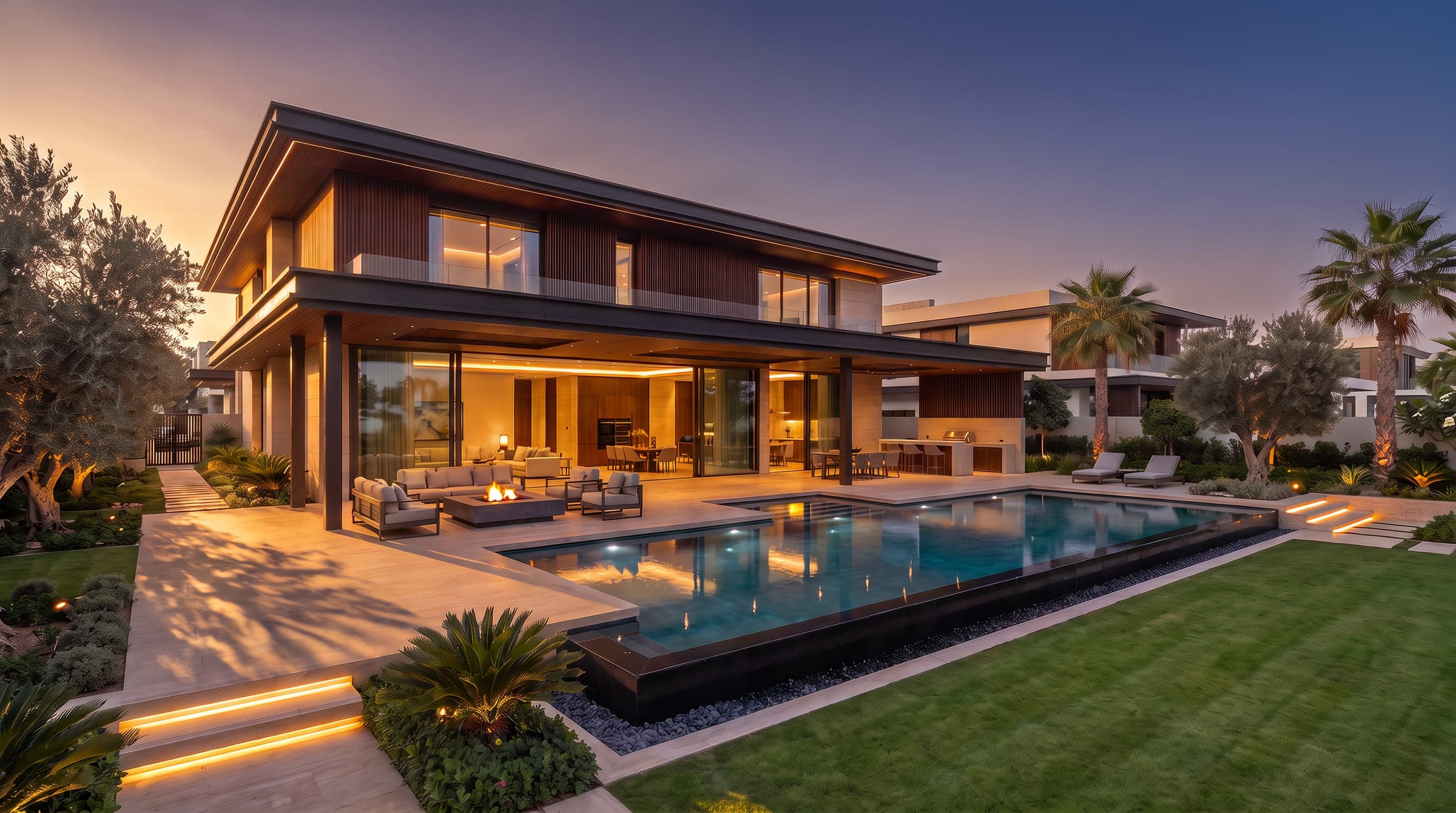Design visualisation of the garden side at dusk, a pool along the lawn, a covered terrace with a fire pit and the lit rooms behind, by LKYOOB