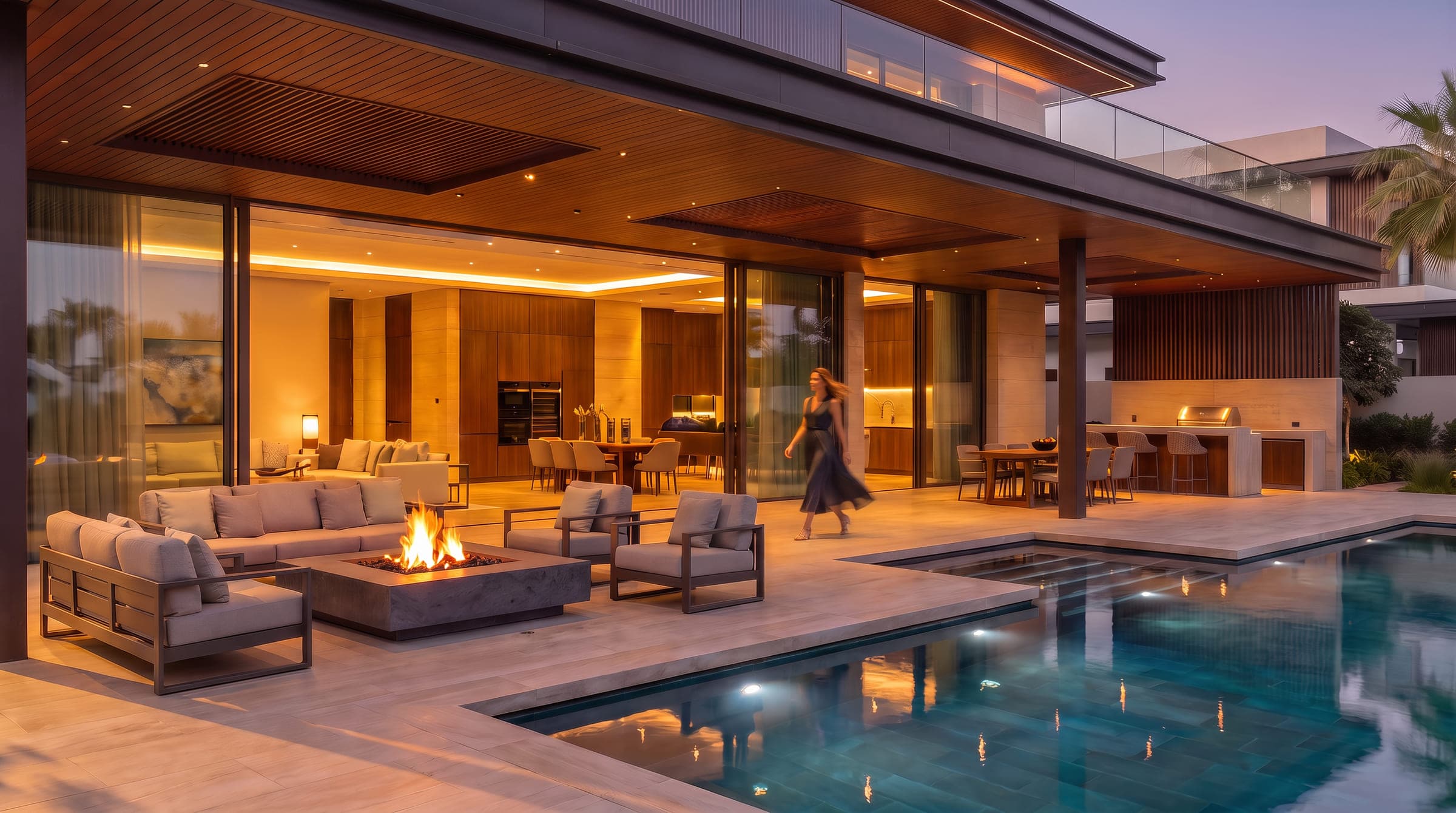 Design visualisation of the pool terrace at dusk, seating around a fire pit under the timber ceiling, the kitchen and dining room open behind, by LKYOOB