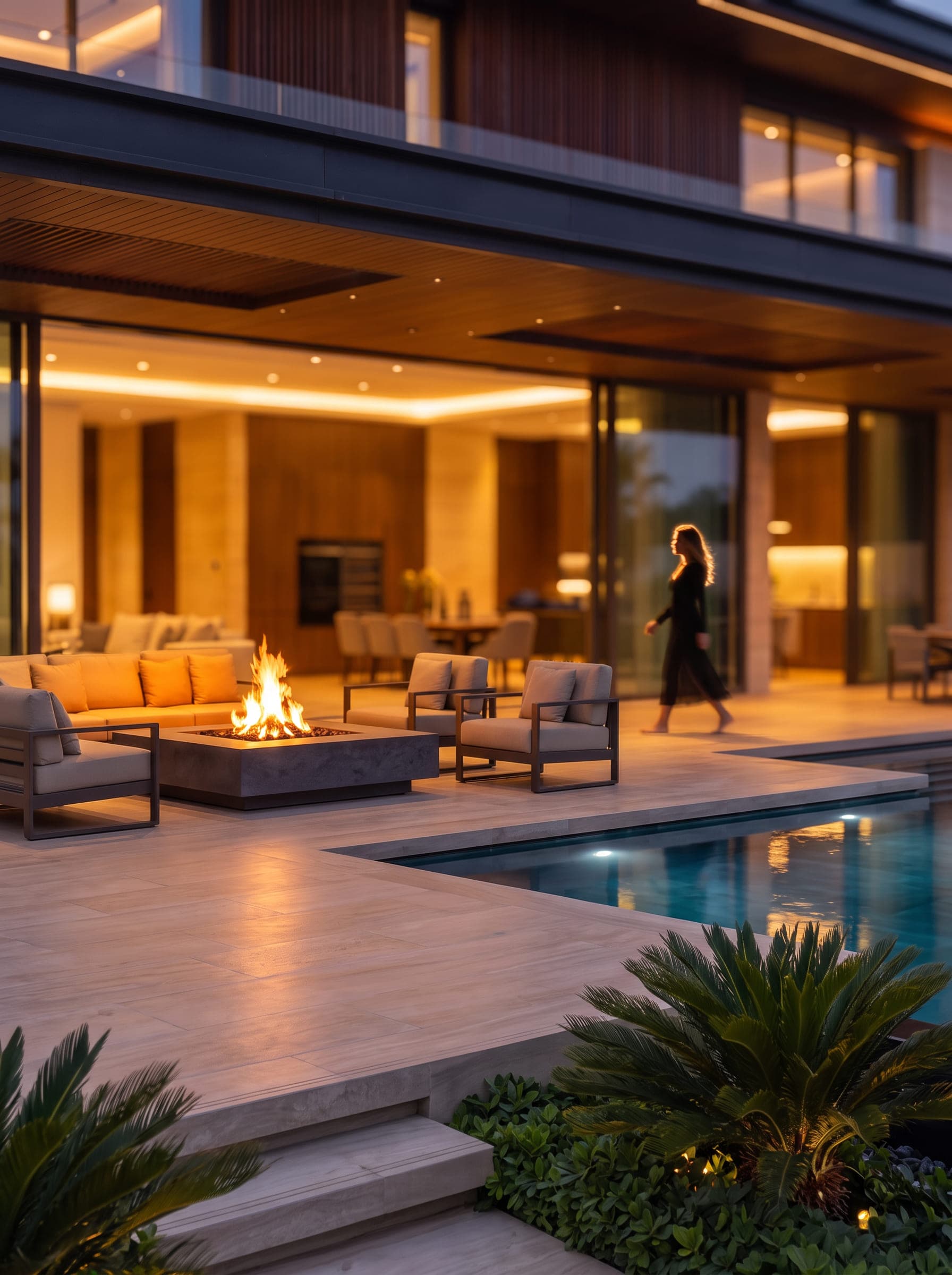 Design visualisation of the fire pit on the pool terrace, with the lit living room beyond, by LKYOOB