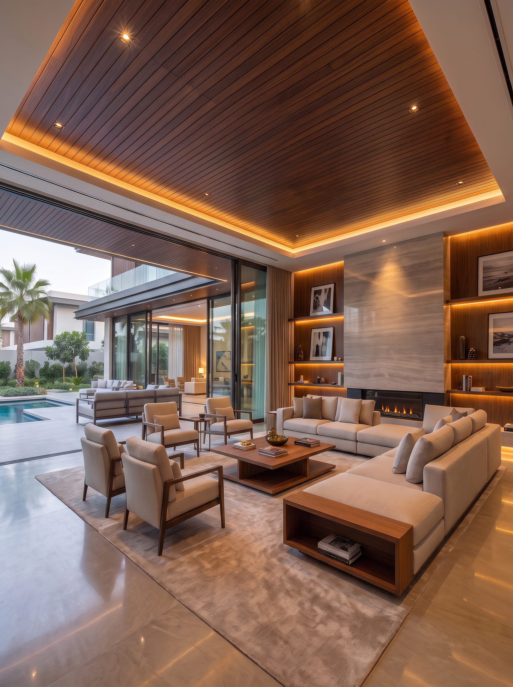 Design visualisation of the living room under a walnut ceiling, a stone fireplace between lit shelves and the pool through open glass, by LKYOOB