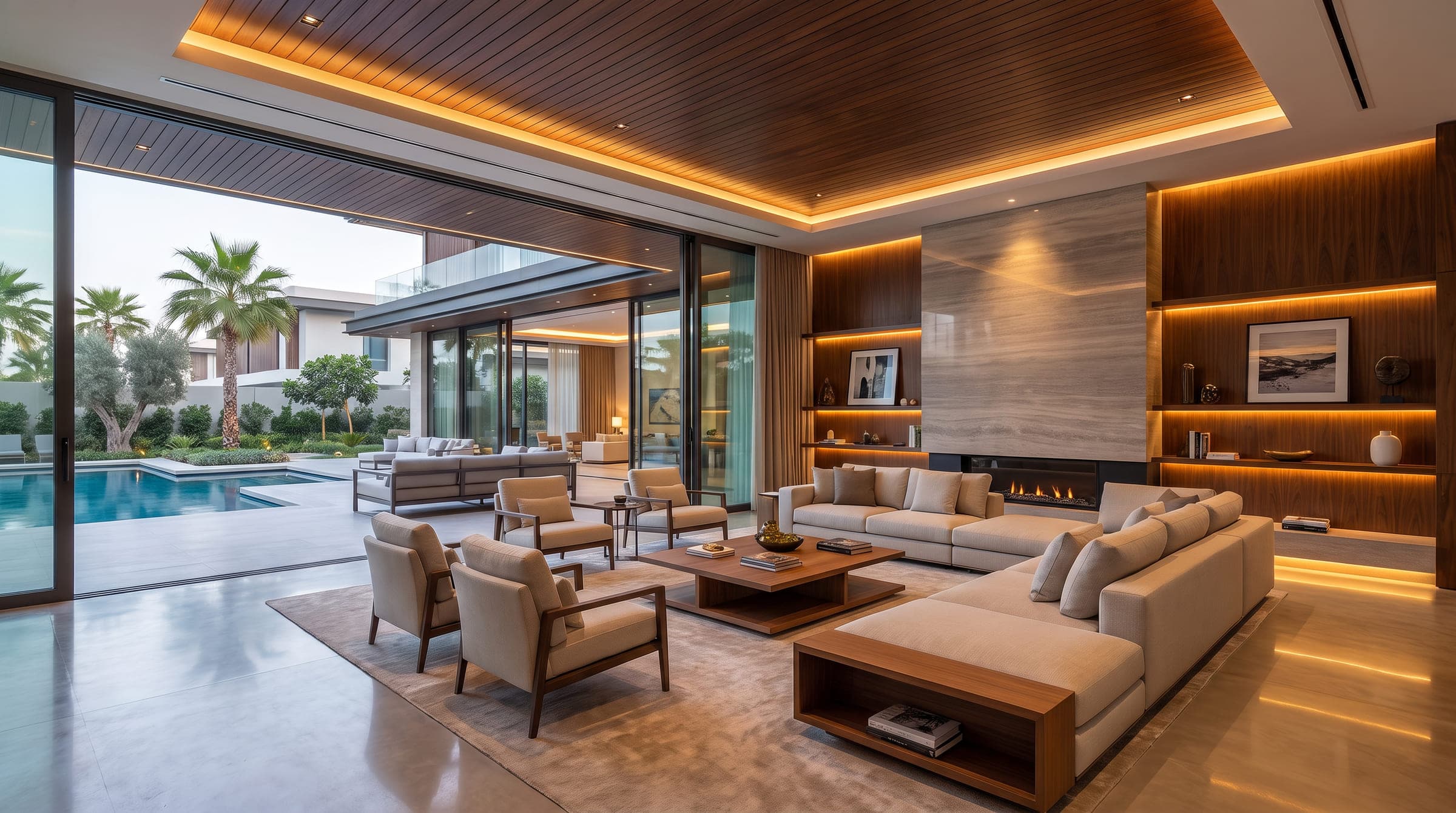 Design visualisation of the living room opened to the garden, pale stone floor, walnut ceiling and a fireplace wall, by LKYOOB