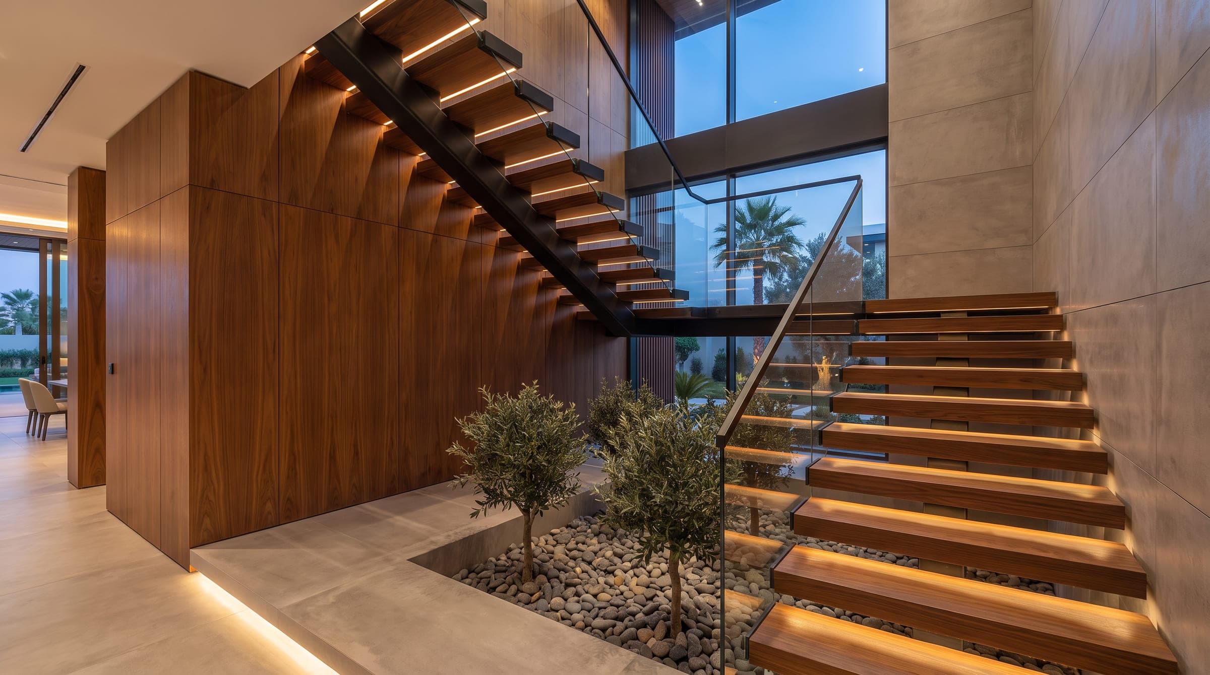 Design visualisation of the stair hall, walnut treads lit from beneath over a bed of pebbles and olive trees, a glass balustrade against a double-height window, by LKYOOB