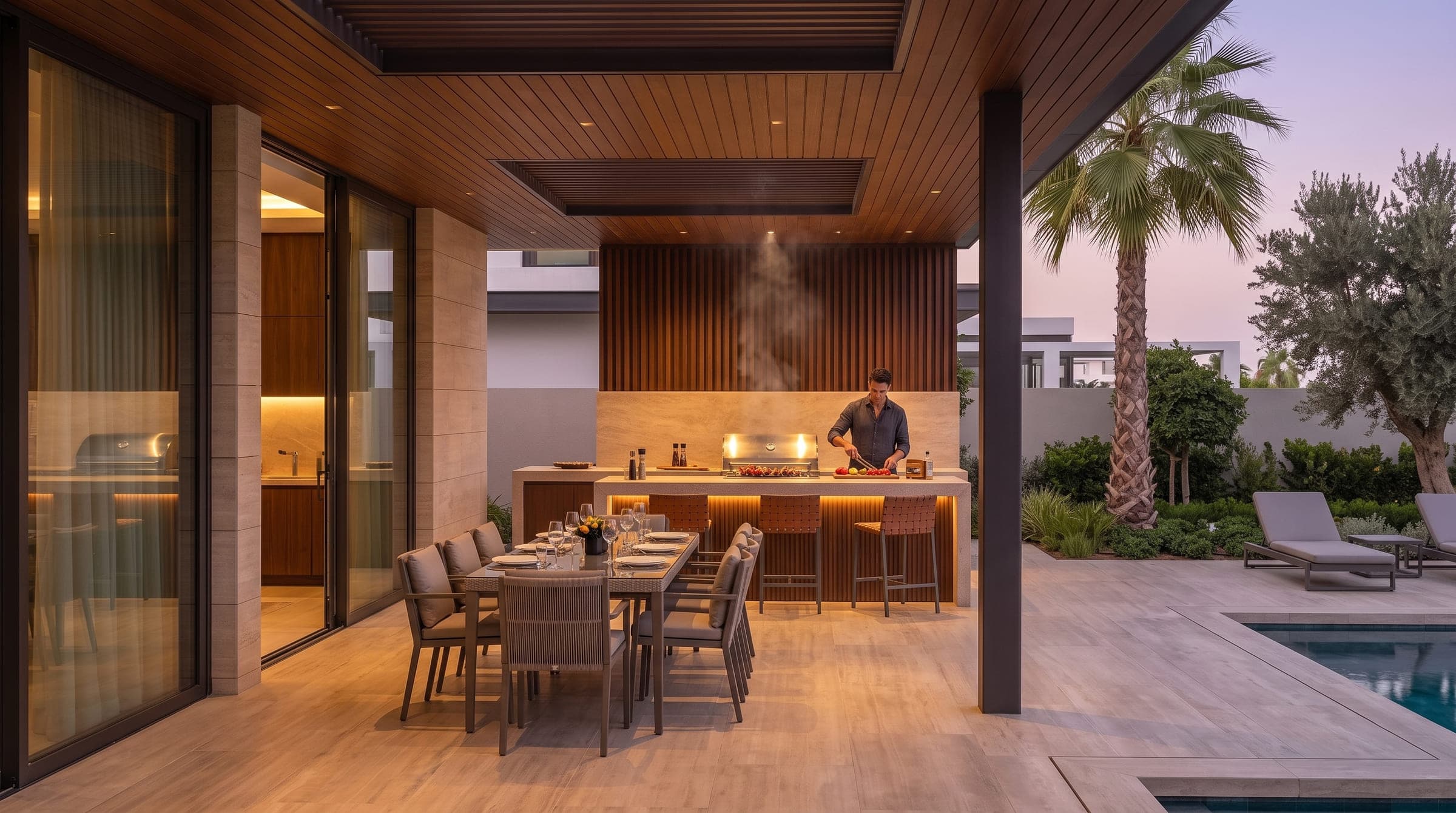 Design visualisation of the outdoor kitchen under the terrace roof, a grill counter with bar seating and a dining table beside the pool, by LKYOOB
