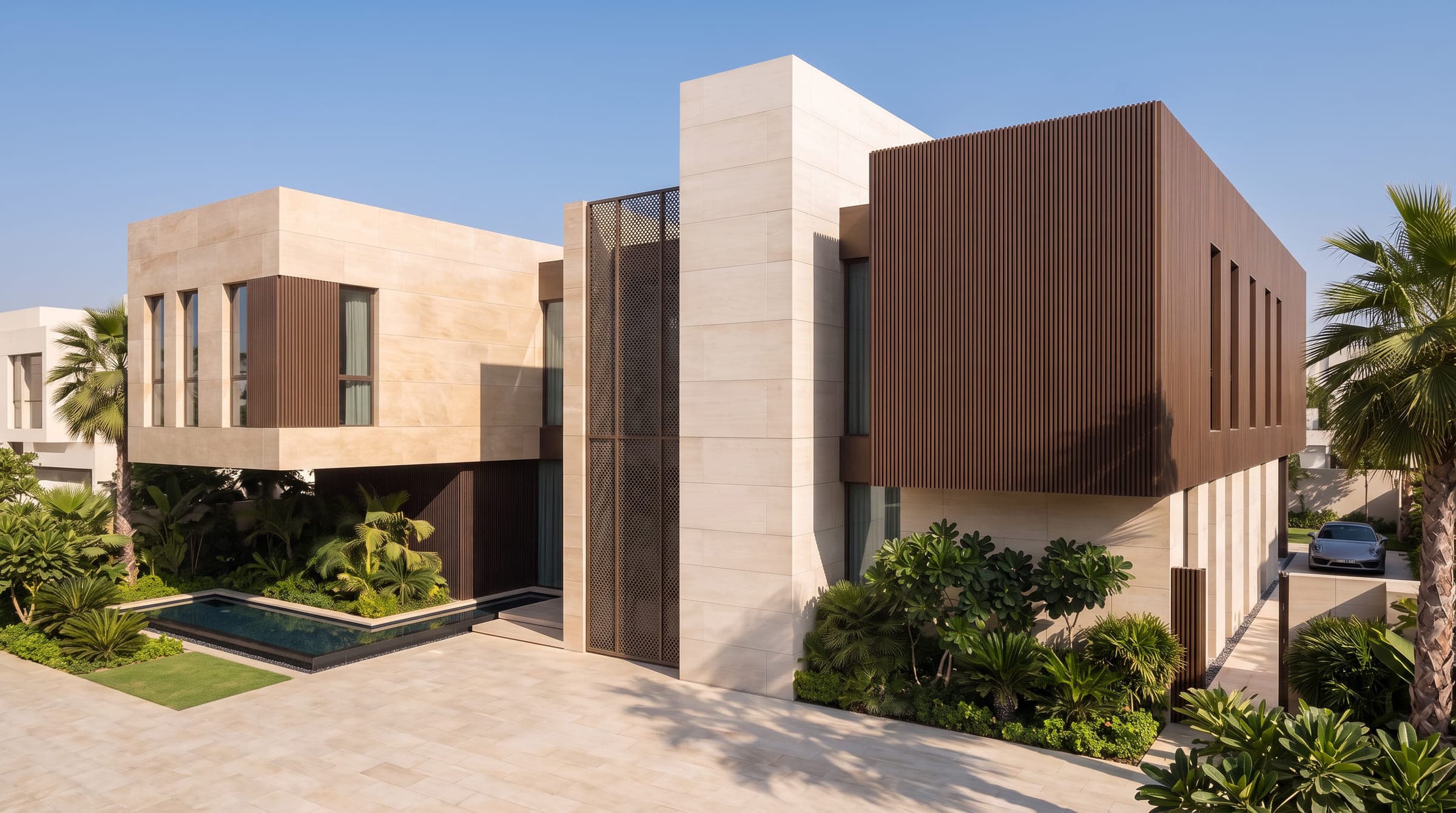 Design visualisation of the villa in daylight, stone and timber volumes above the pool, by LKYOOB