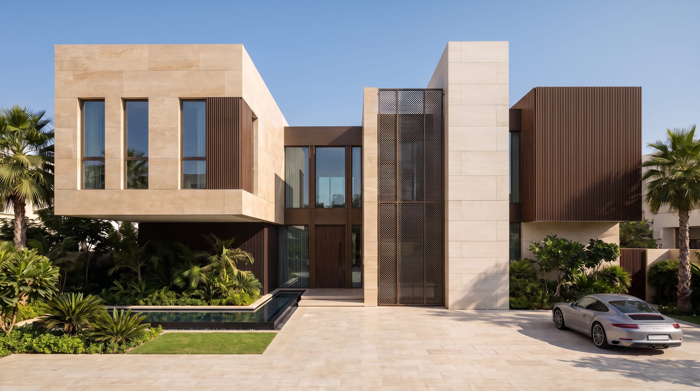 Design visualisation of the street elevation in daylight, stone volumes and timber cladding among palms, by LKYOOB