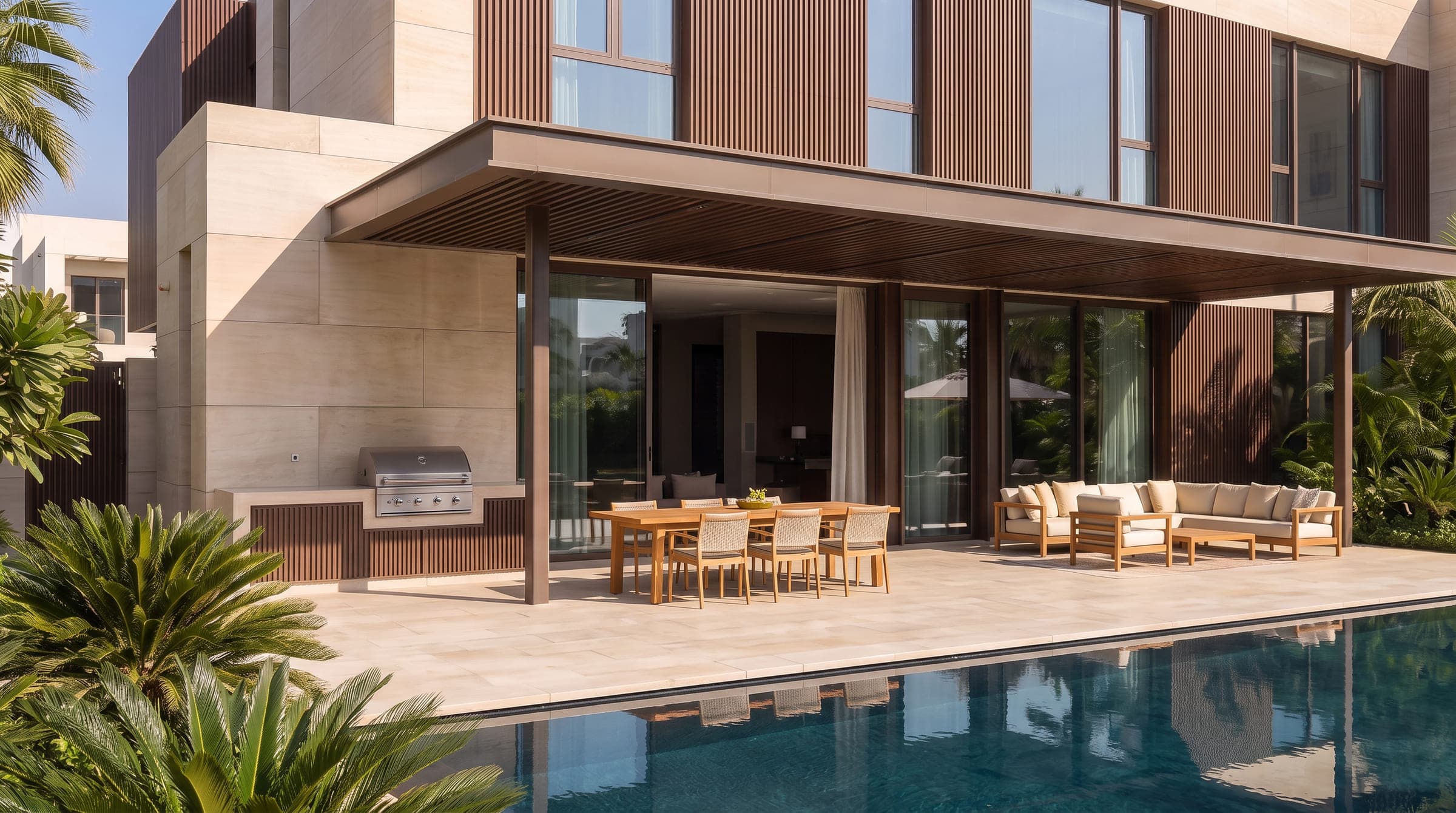 Design visualisation of the covered terrace with dining and seating beside the pool, by LKYOOB