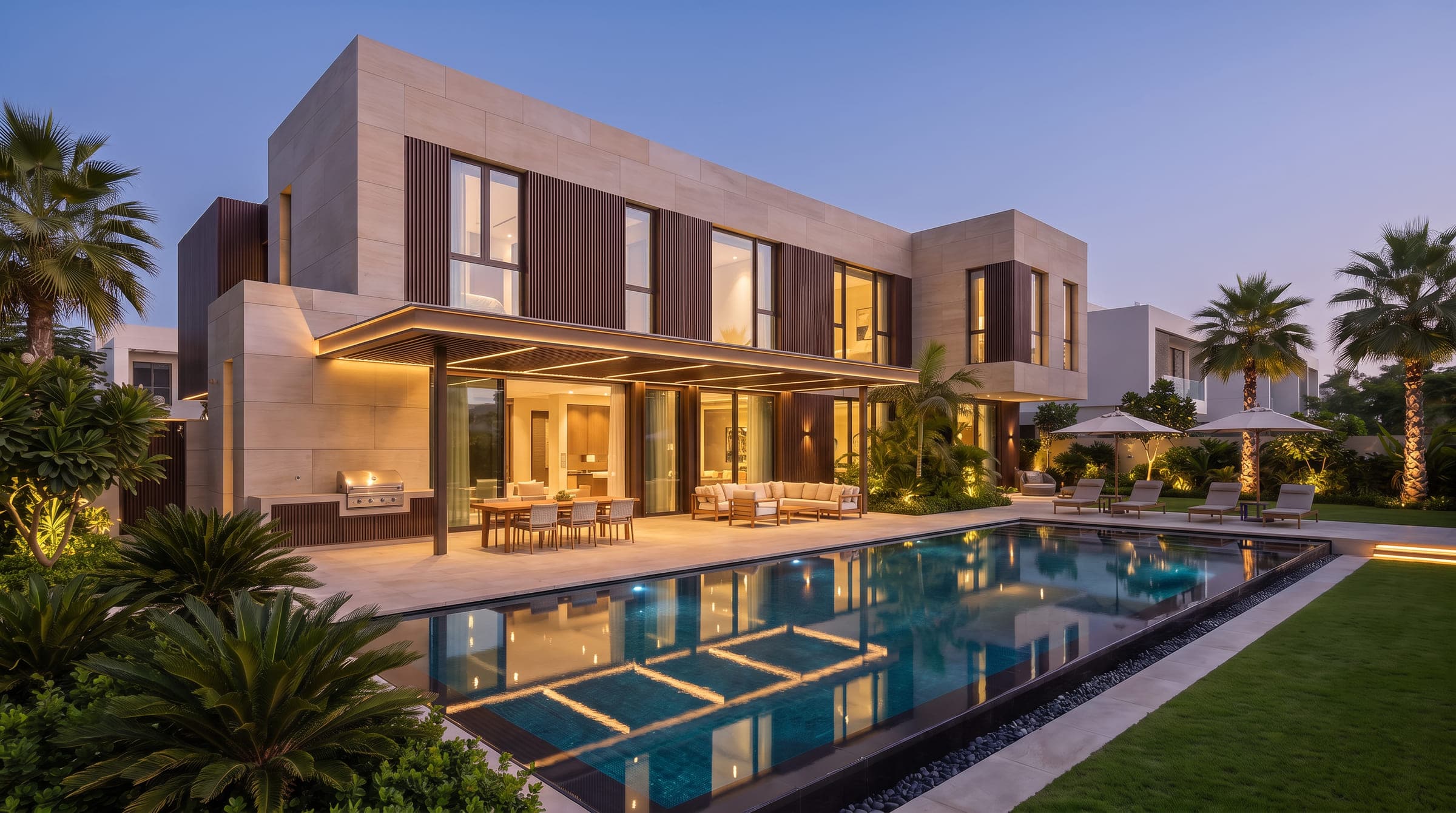 Design visualisation of the garden and pool at dusk with the house lit behind, by LKYOOB