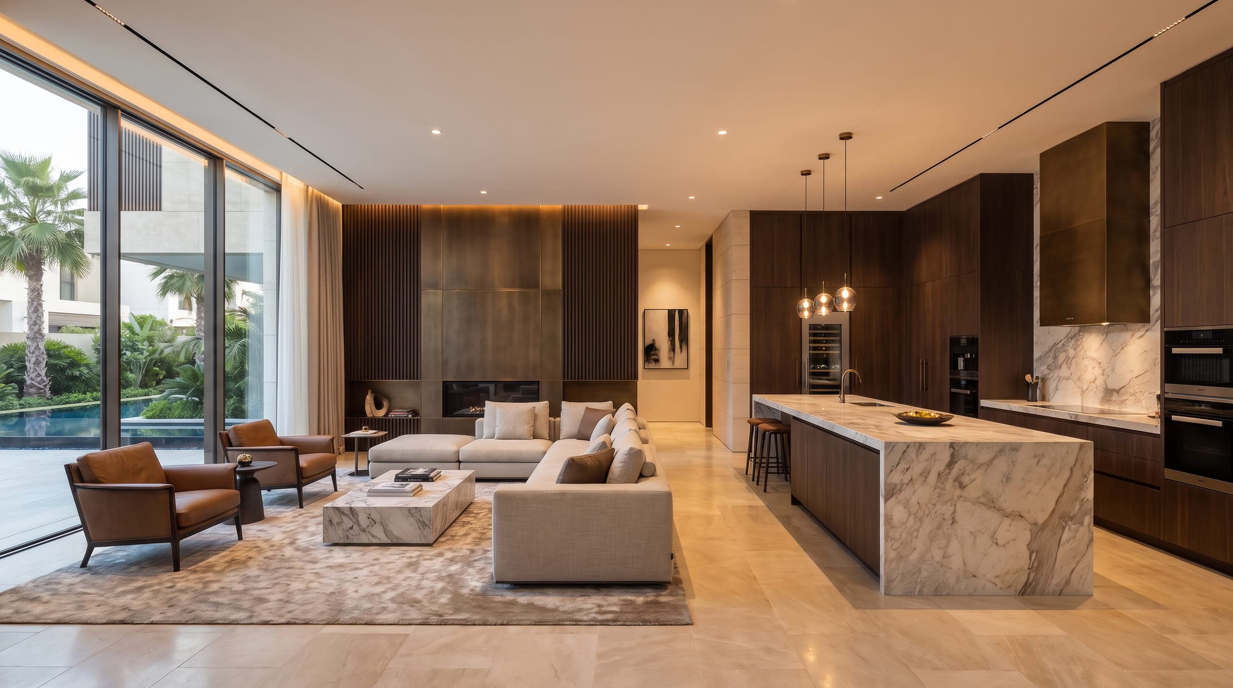 Design visualisation of the living room and open kitchen in one space, pale stone and dark walnut, by LKYOOB