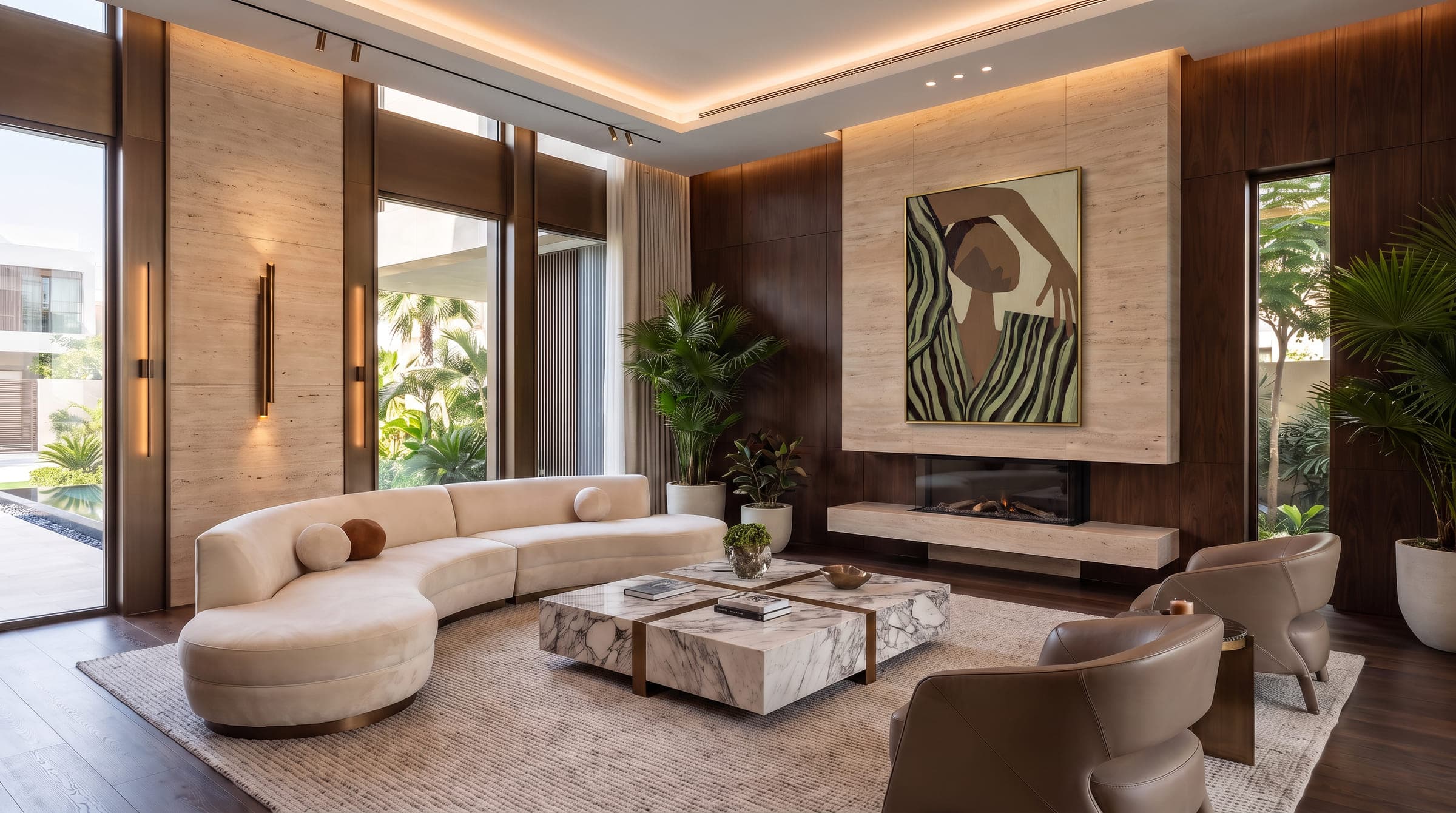 Design visualisation of the living room with a curved sofa beside the fireplace, by LKYOOB