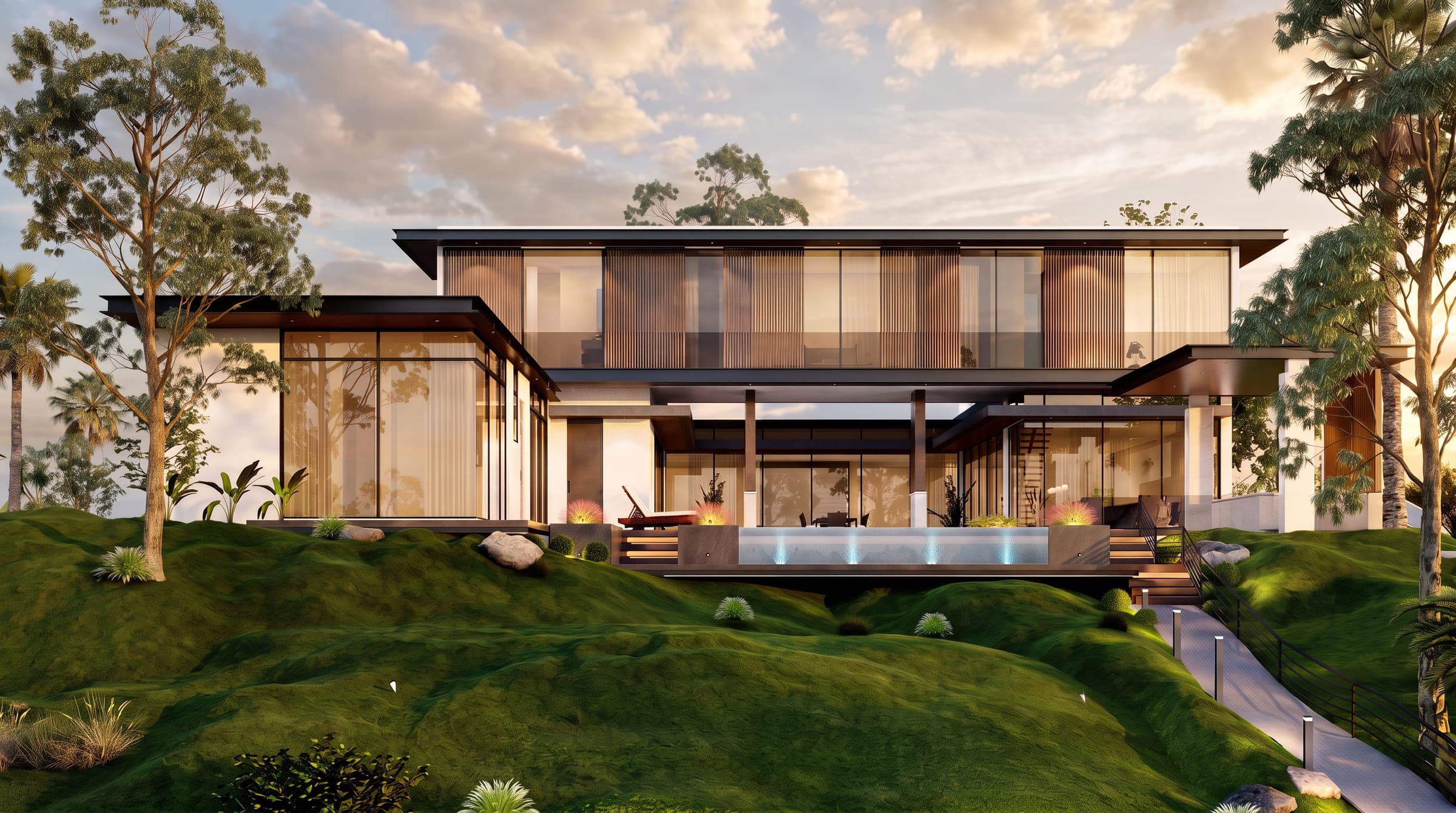 Villa Vista from the lawn, a glazed timber-clad house above a sloping garden and a pool, a LKYOOB design visualisation
